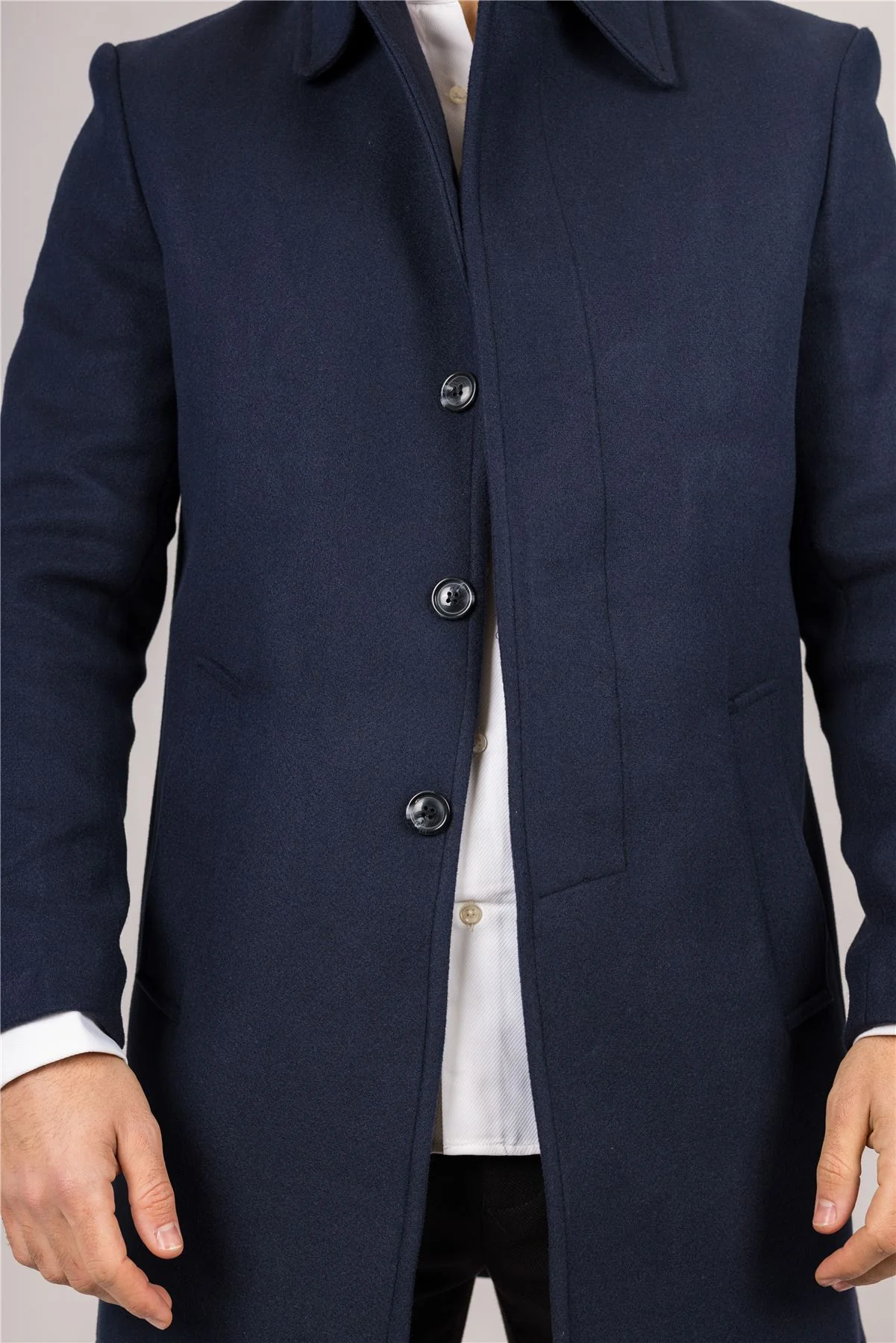 Men's Wool Blend Classic Collar Navy Overcoat - Image 4