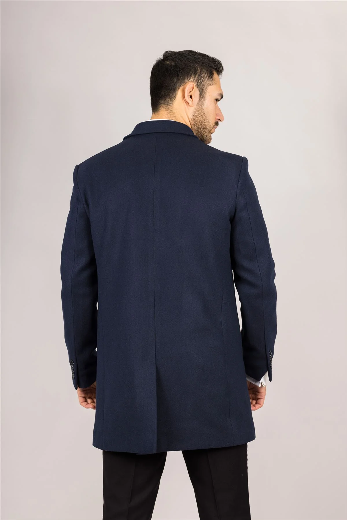 Men's Wool Blend Classic Collar Navy Overcoat - Image 7