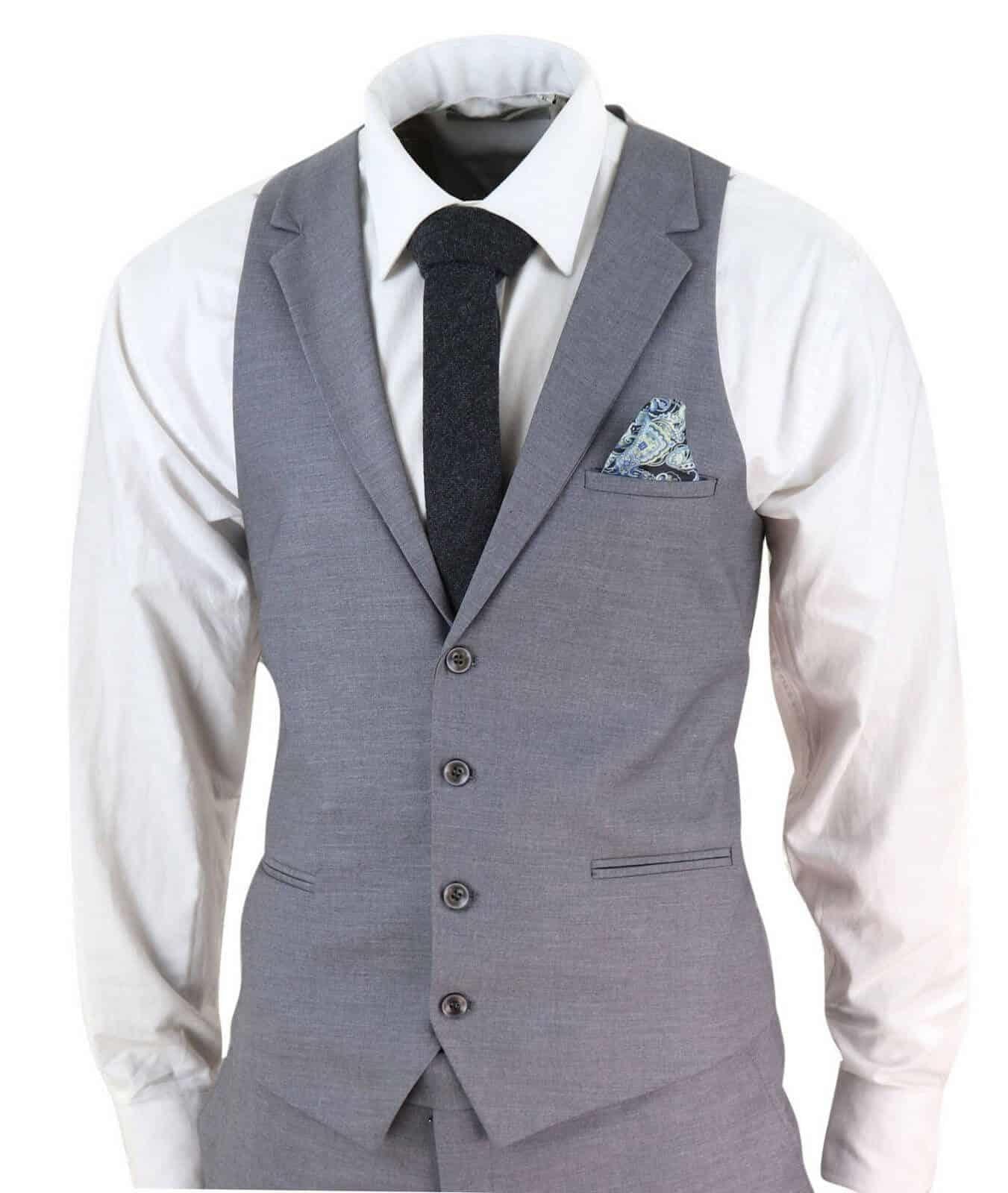 New Mens 3 Piece Suit Plain Grey Classic Tailored Fit Smart Casual 1920s Formal - Image 4