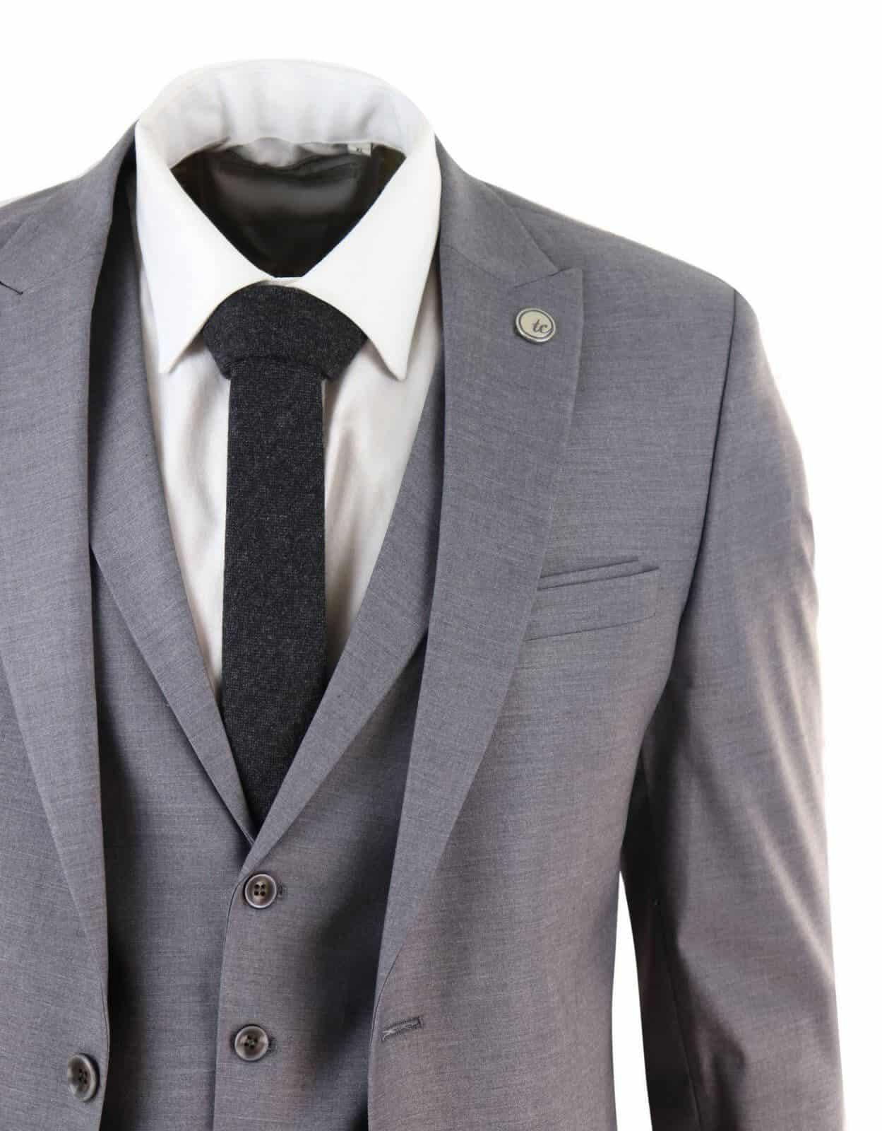New Mens 3 Piece Suit Plain Grey Classic Tailored Fit Smart Casual 1920s Formal - Image 5