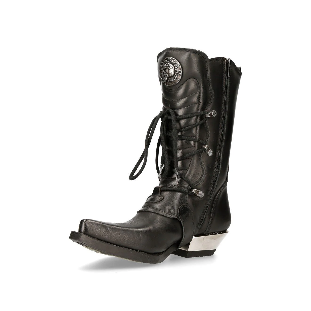 New Rock Black Leather Cowboy Buckle Boots- M-7993-S1 - Image 5