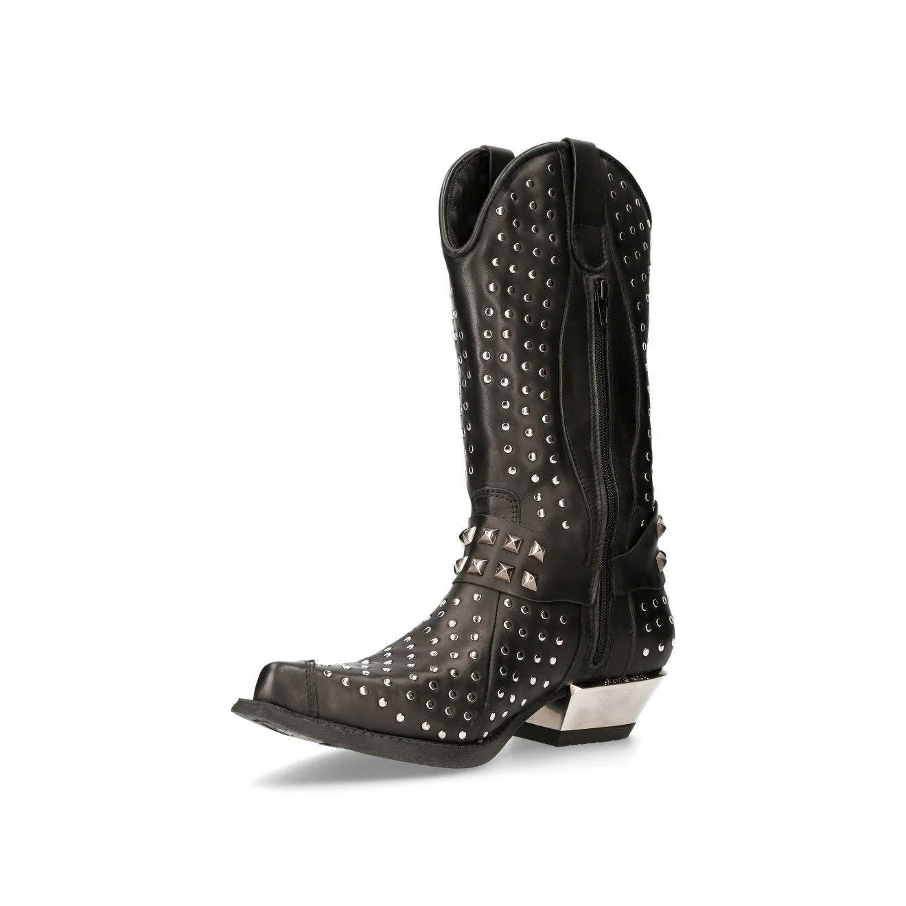 New Rock Black Leather Studded Cowboy Boots- M-7928-S1 - Image 5