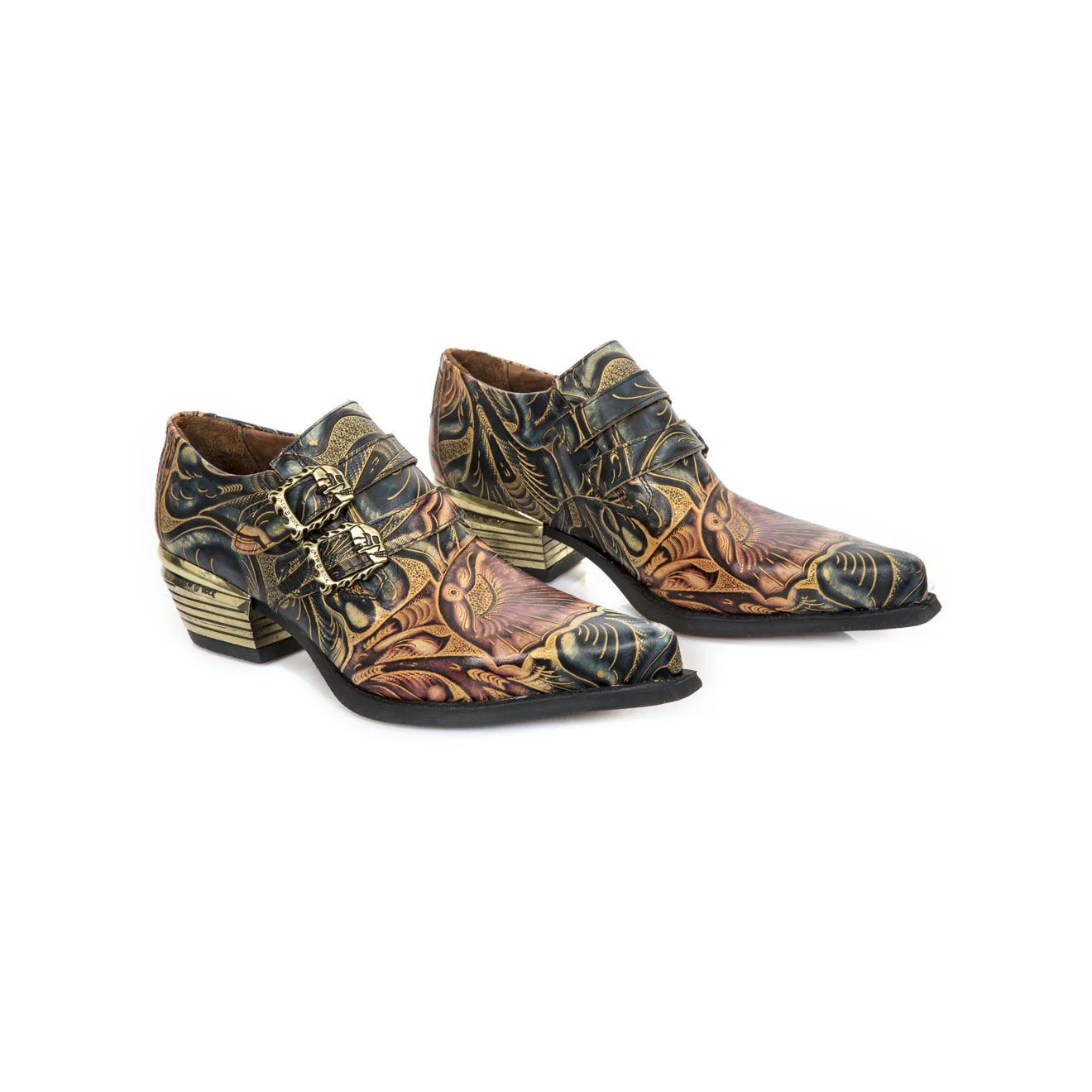 New Rock Embossed Vintage Black Leather Buckled Shoes- M-7960-S14 - Image 3