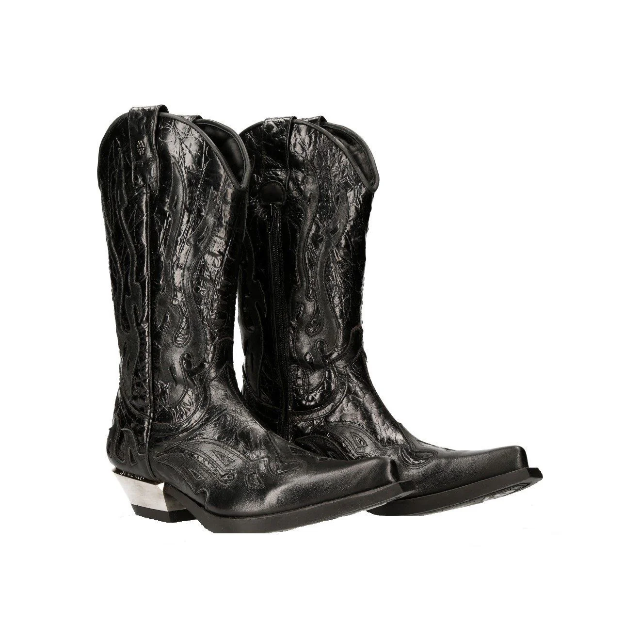 New Rock Flame Accented Black Leather Biker Cowboy Boots- M-7921-S1 - Image 2