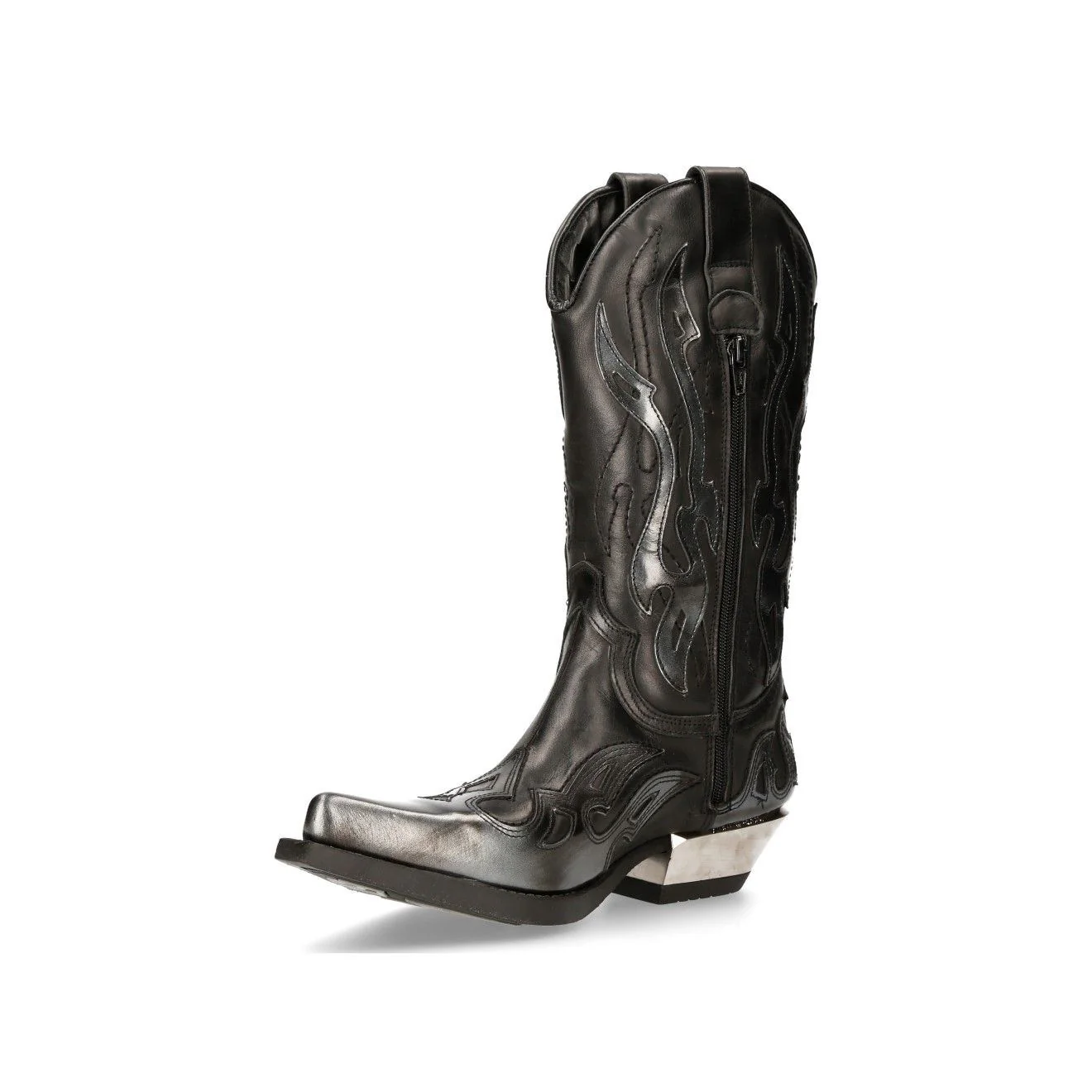 New Rock Flame Accented Black/Silver Leather Biker Cowboy Boots- M-7921-S3 - Image 5