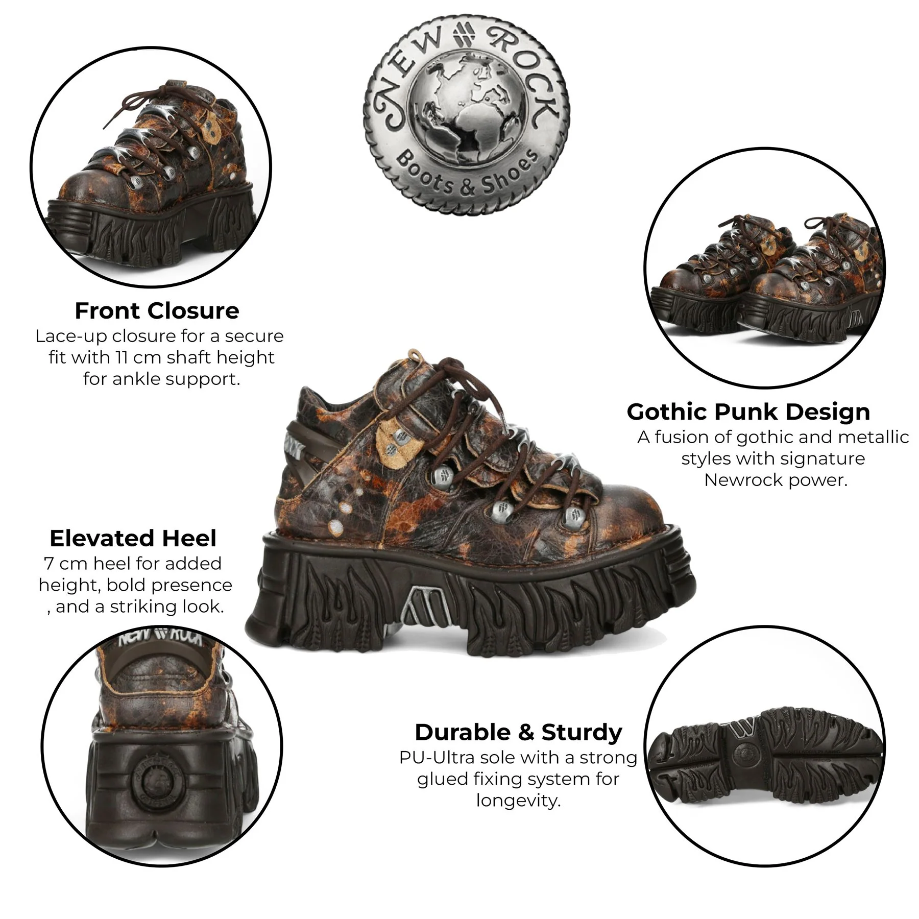 New Rock M-106-C194 Brown Flame Leather Gothic Ankle Platform Boots - Image 2