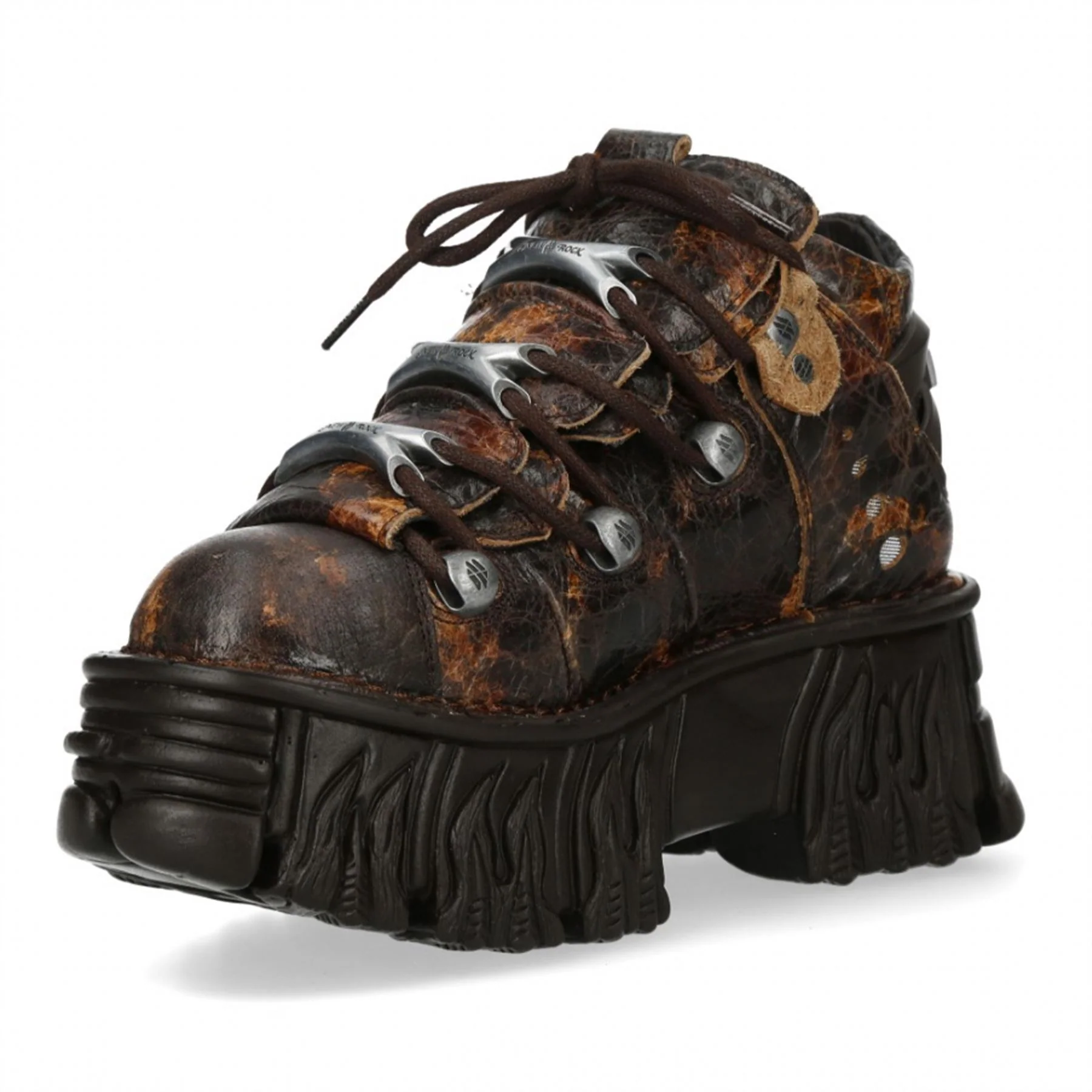 New Rock M-106-C194 Brown Flame Leather Gothic Ankle Platform Boots - Image 6