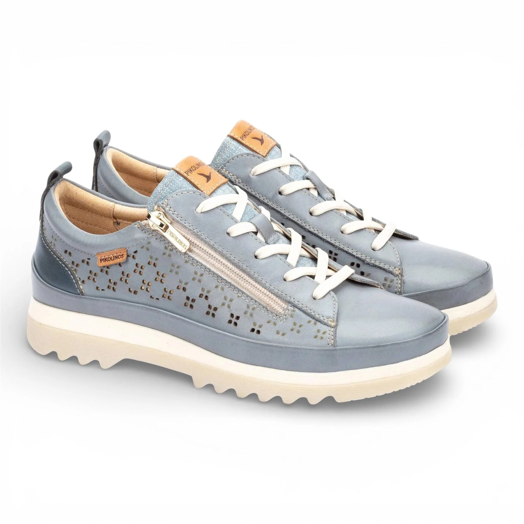 Pikolinos Women’s Denim Blue Leather Lace Up Zip Trainer Sneaker Shoes - Vigo - Image 3