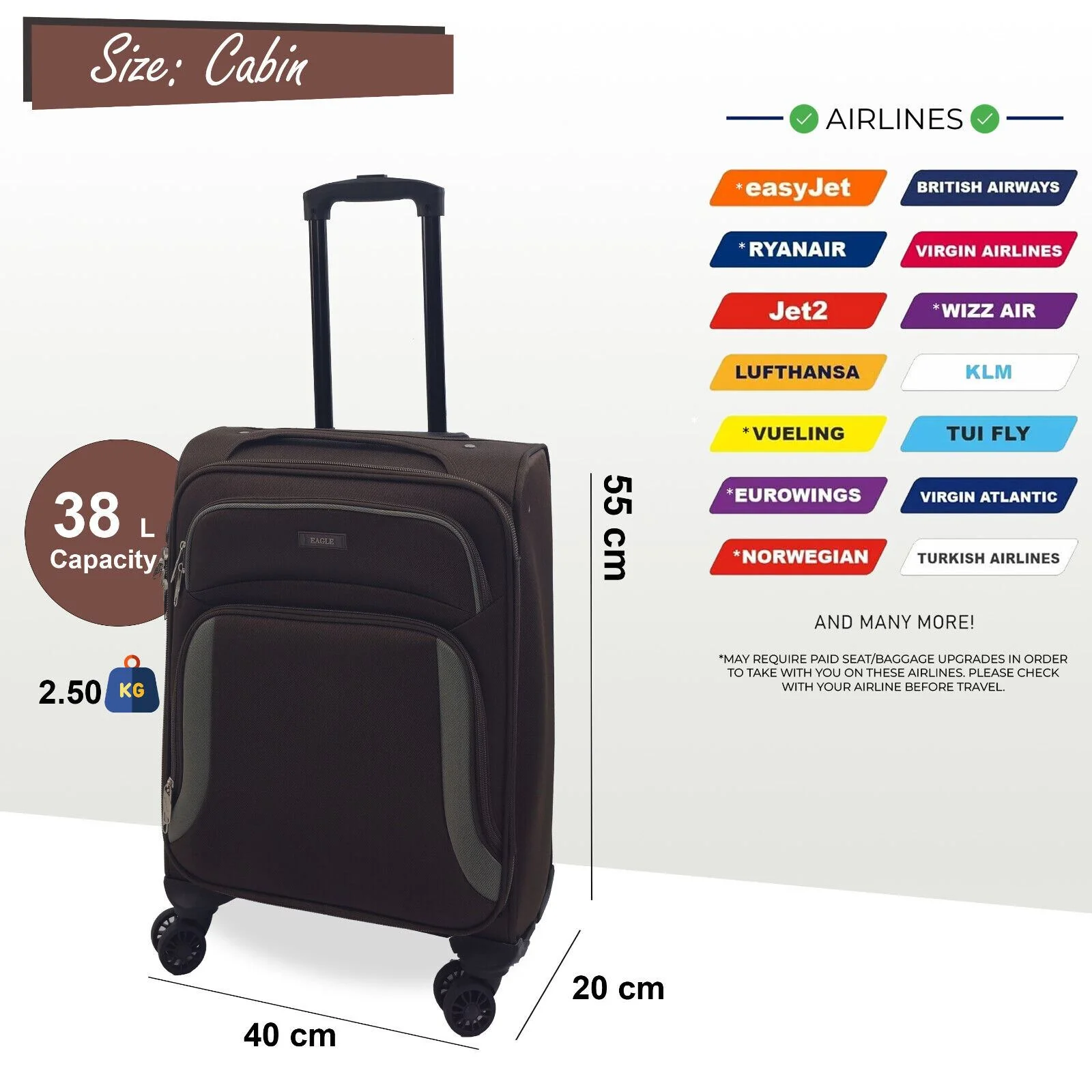 Soft Shell Cabin Suitcase 55 x 40 x 20 cm Lightweight Luggage Suitable for Easyjet, Ryanair - Image 20