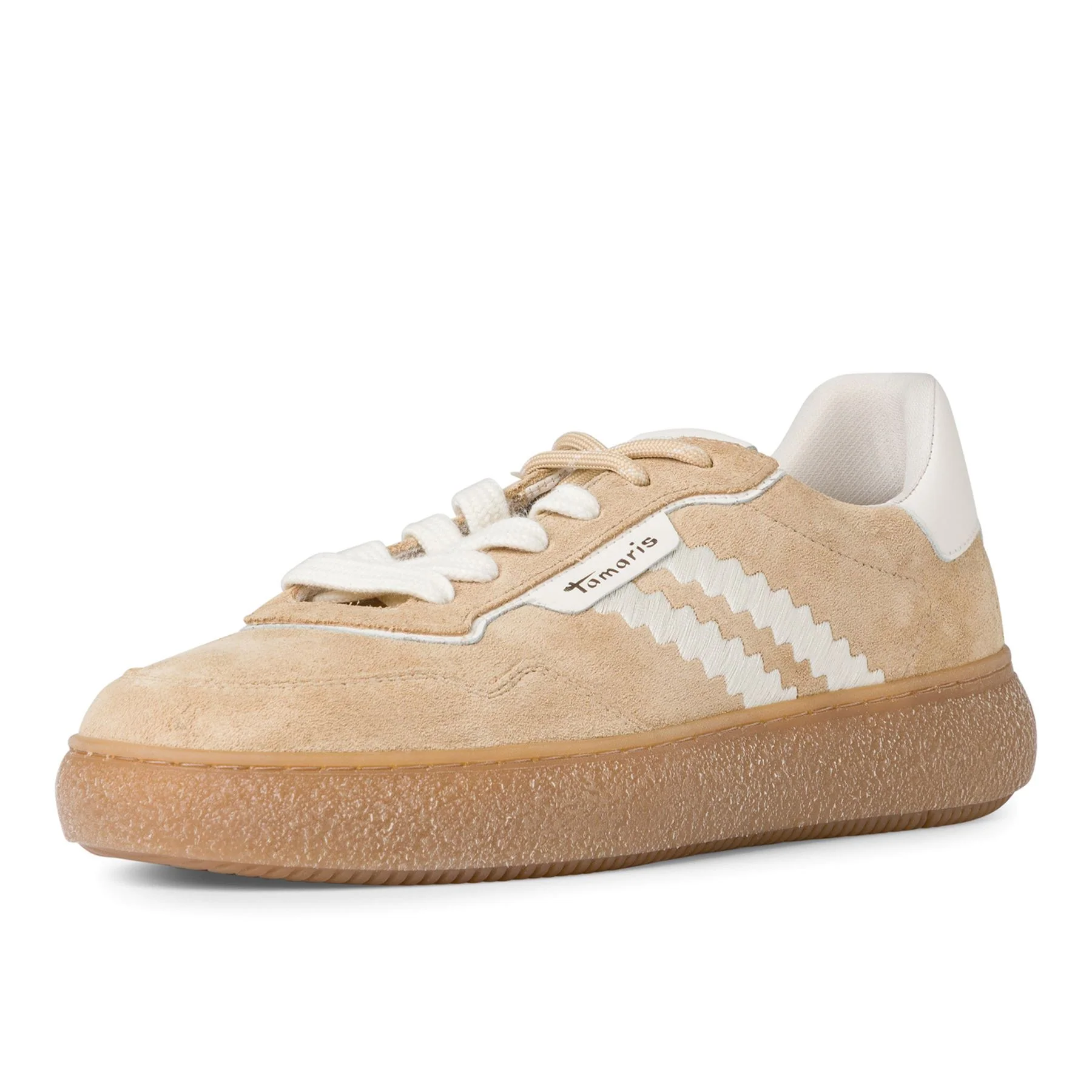 Tamaris Womens Beige White Leather Fashion Stripe Lace Up Sneakers - Image 3