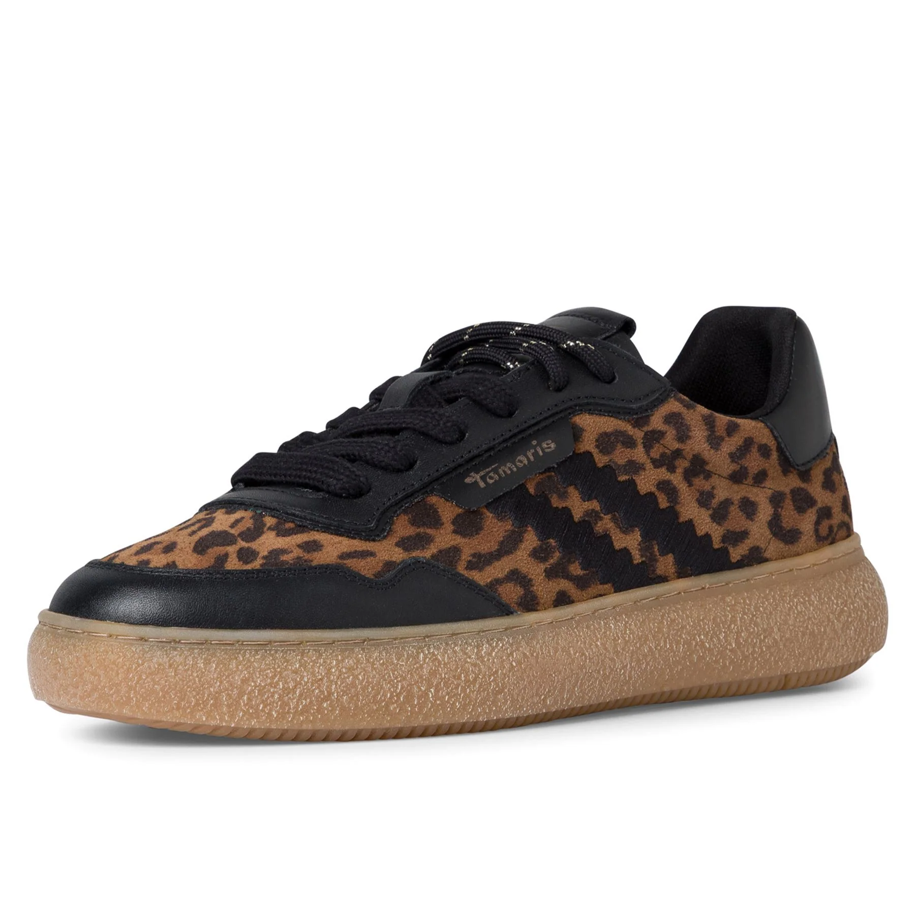 Tamaris Womens Leopard Black Leather Fashion Stripe Lace Up Sneakers - Image 3