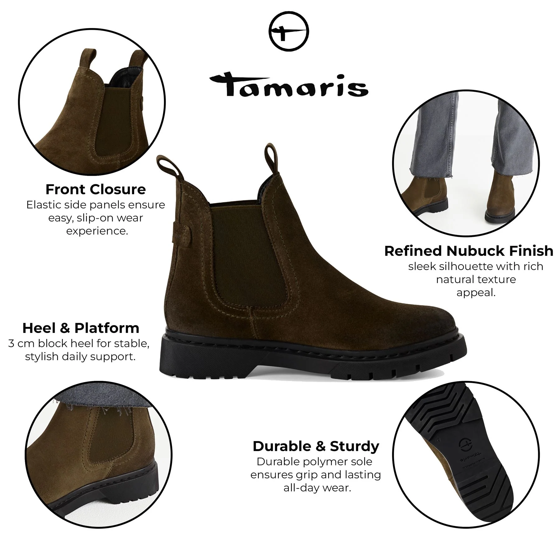 Tamaris Womens Olive Green Suede Leather Classic Chelsea Ankle Boots - Image 2