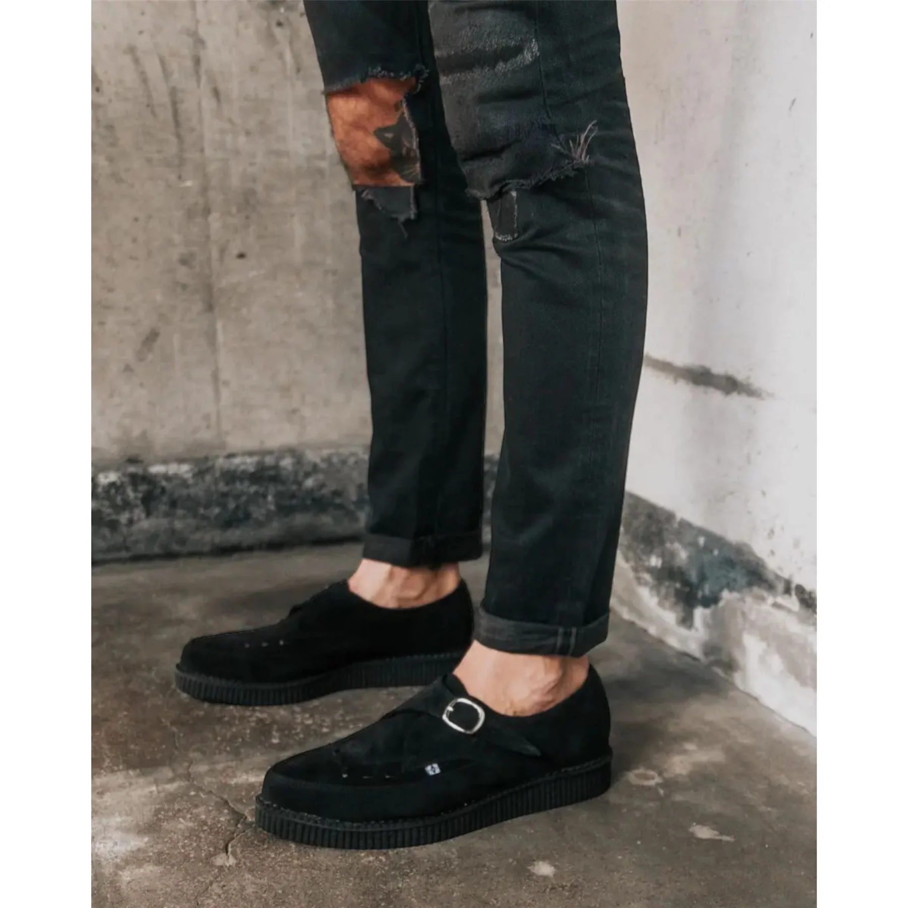 TUK Pointed Creeper Black Suede Monk Buckle Platform Shoes - A8139 - Image 10