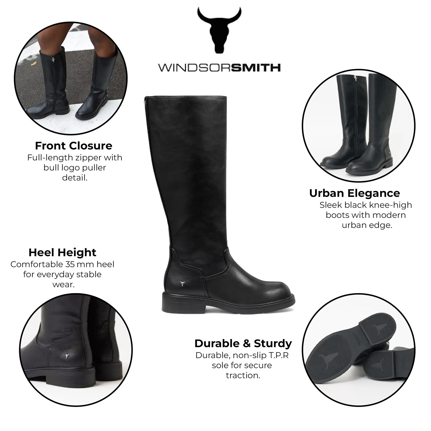 Windsorsmith Womens Black Fuax Leather Knee High Tall Boots - Blessing - Image 2