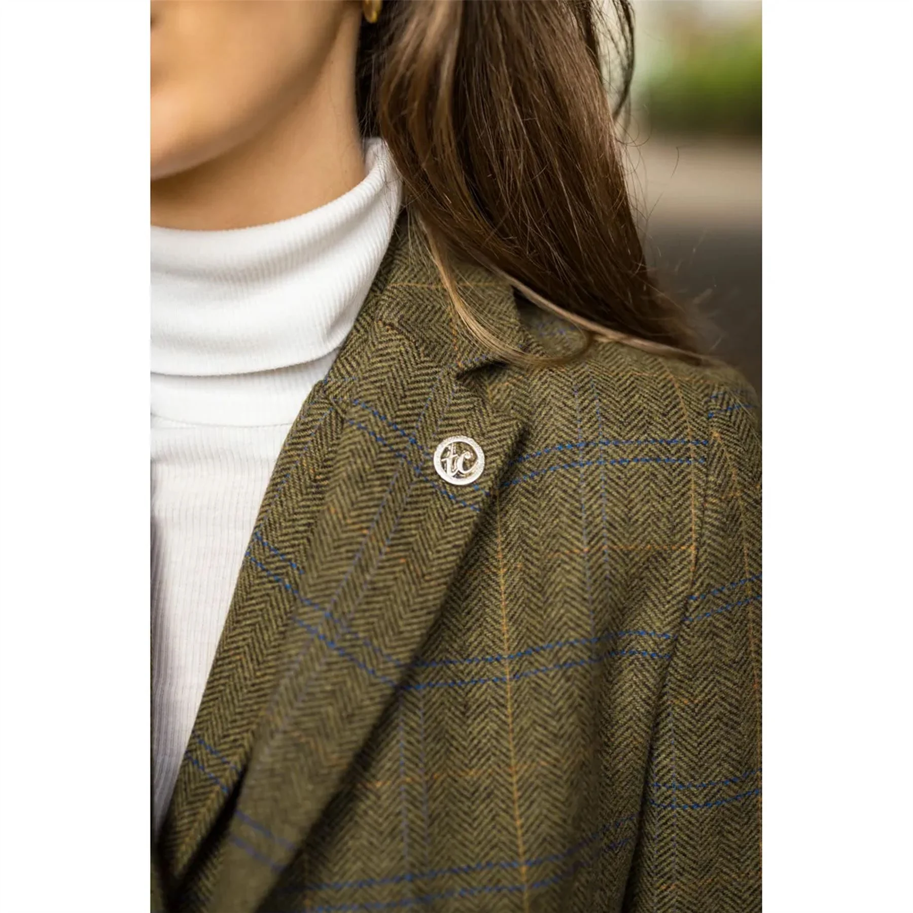 Women's Olive 2 Piece Set Tweed Blazer Waistcoat in Herringbone Check - Image 6