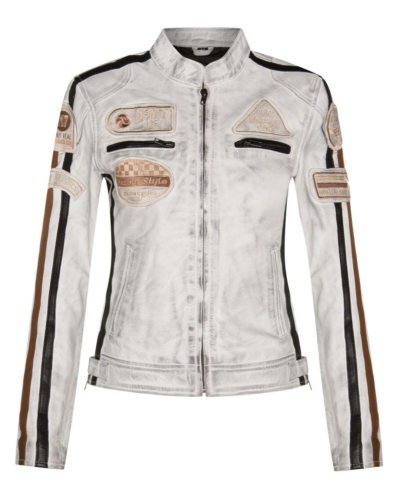 Womens Biker Racing Badges Leather Jacket-Eastleigh - Image 17