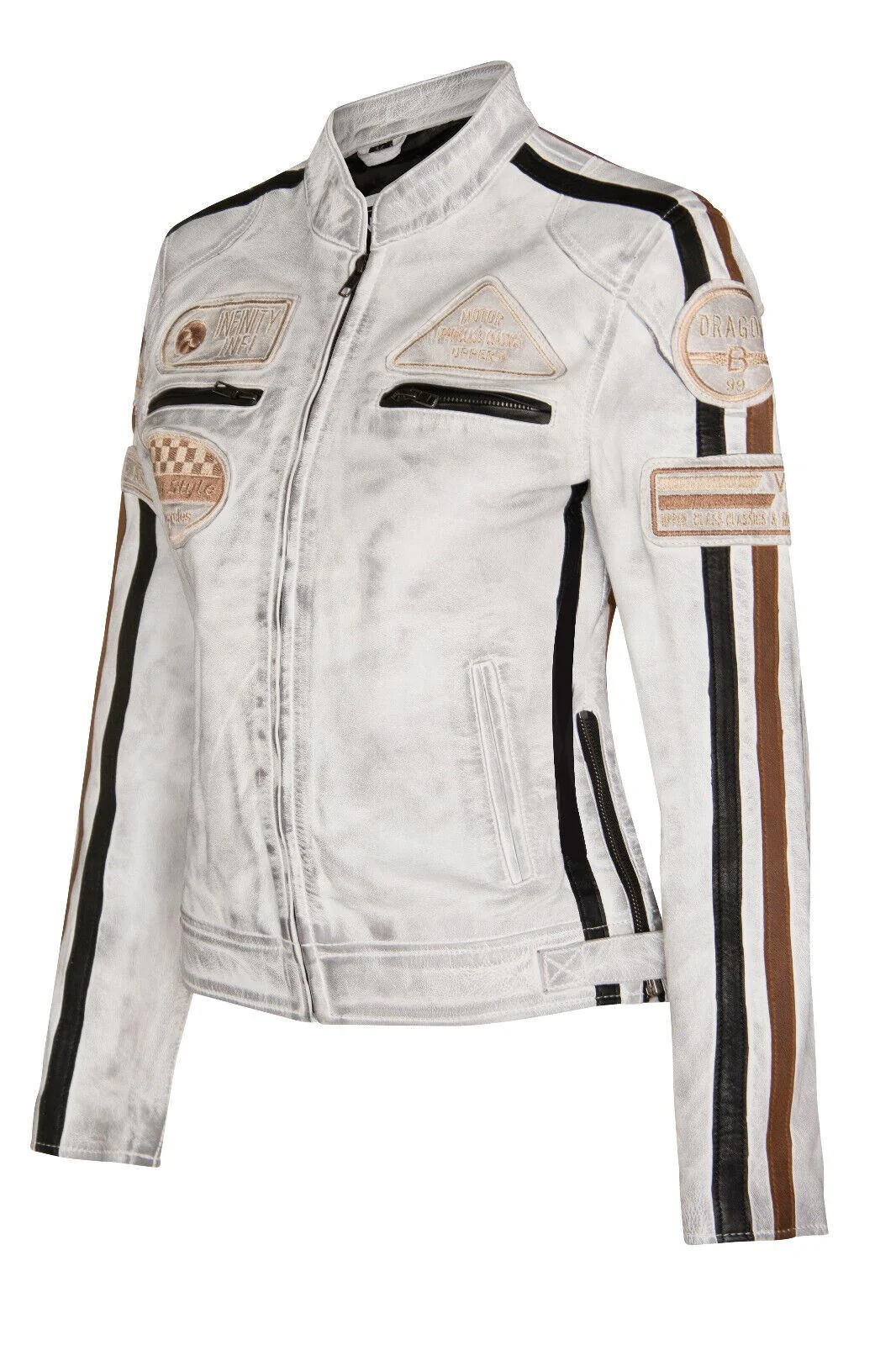 Womens Biker Racing Badges Leather Jacket-Eastleigh - Image 18