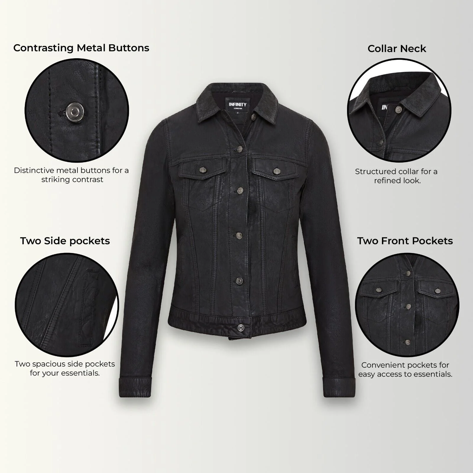 Womens Black Leather Trucker Jeans Jacket- Watton - Image 2