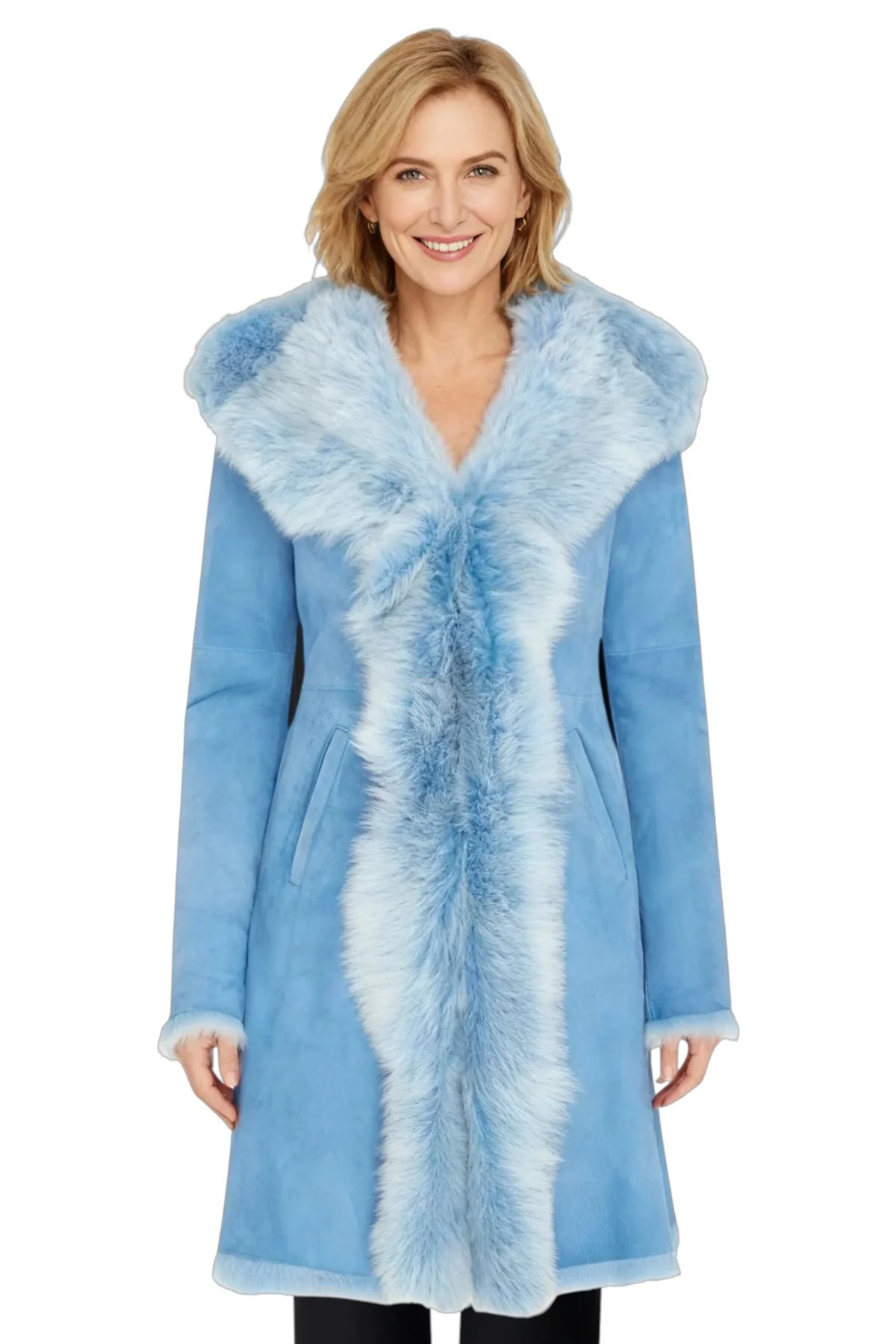 Womens Blue Toscana Sheepskin Suede Leather Hooded Trench Coat - Aura - Image 8