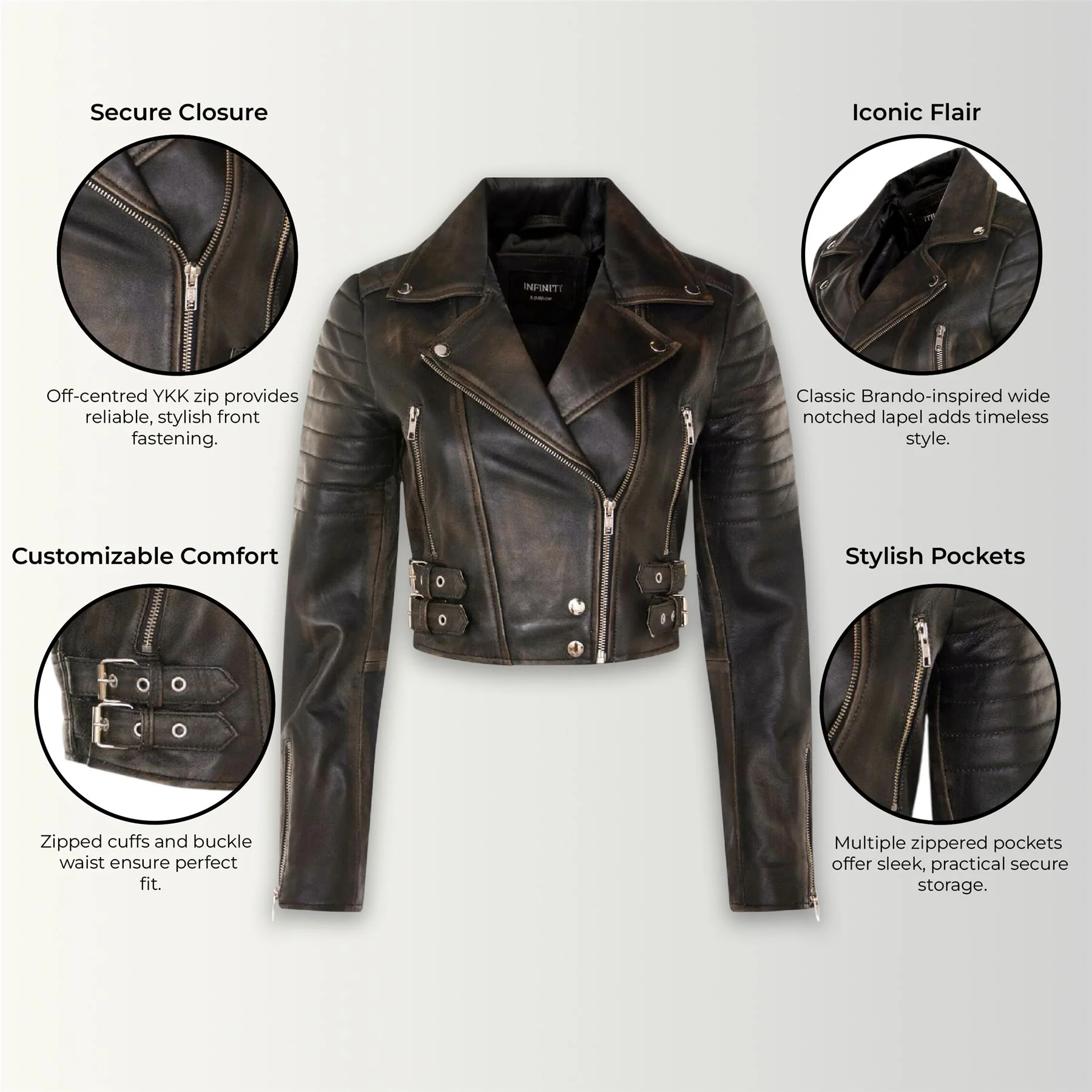 Womens Brando Cropped Leather Jacket-Longtown - Image 7
