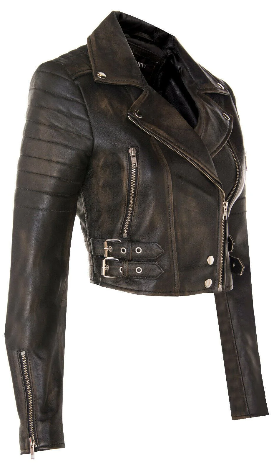 Womens Brando Cropped Leather Jacket-Longtown - Image 8