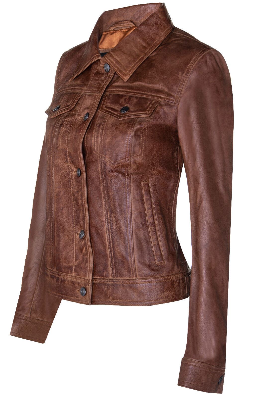 Womens Classic Leather Trucker Jeans Jacket-Nelson - Image 6