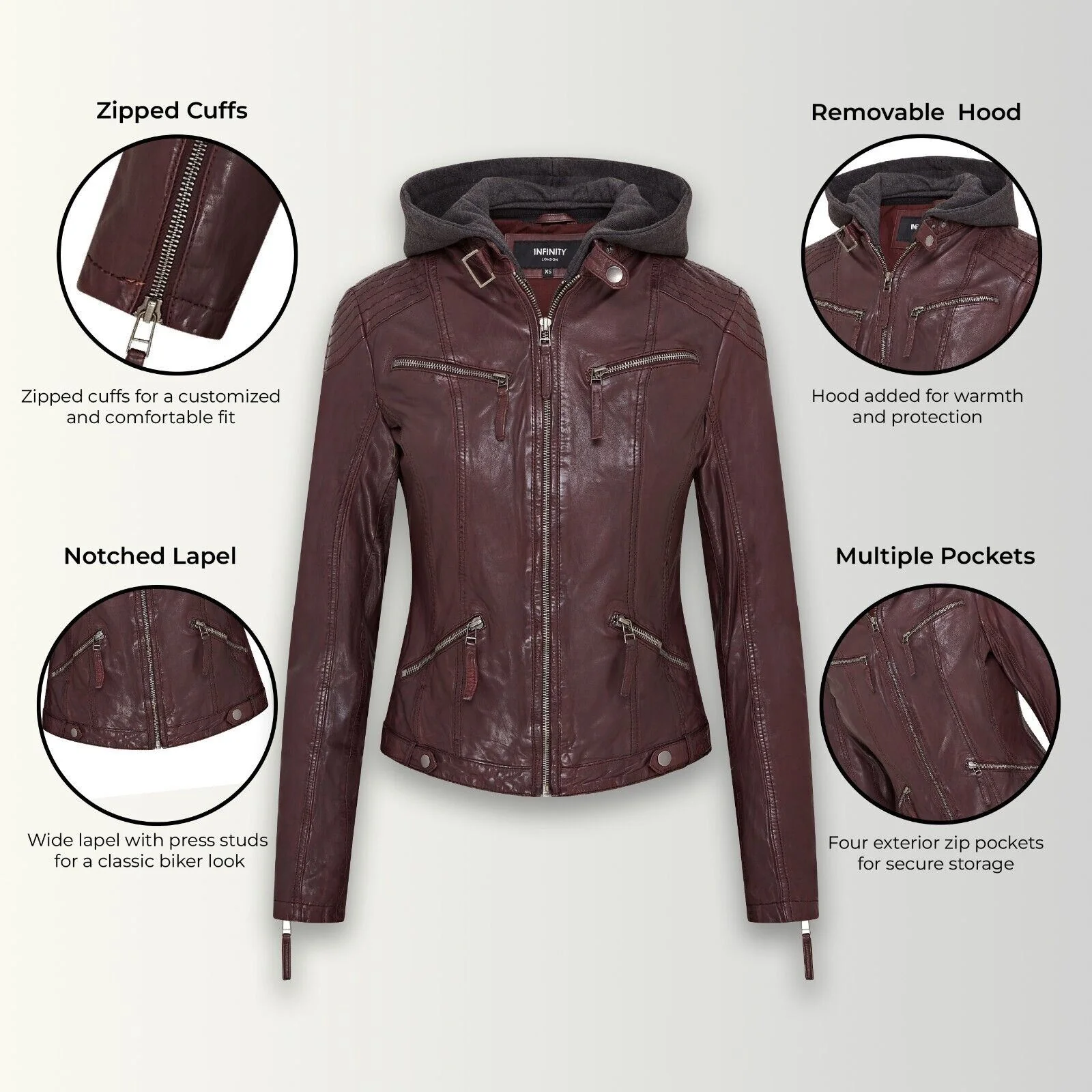 Womens Hooded Classic Biker Jacket - Wareham - Image 12