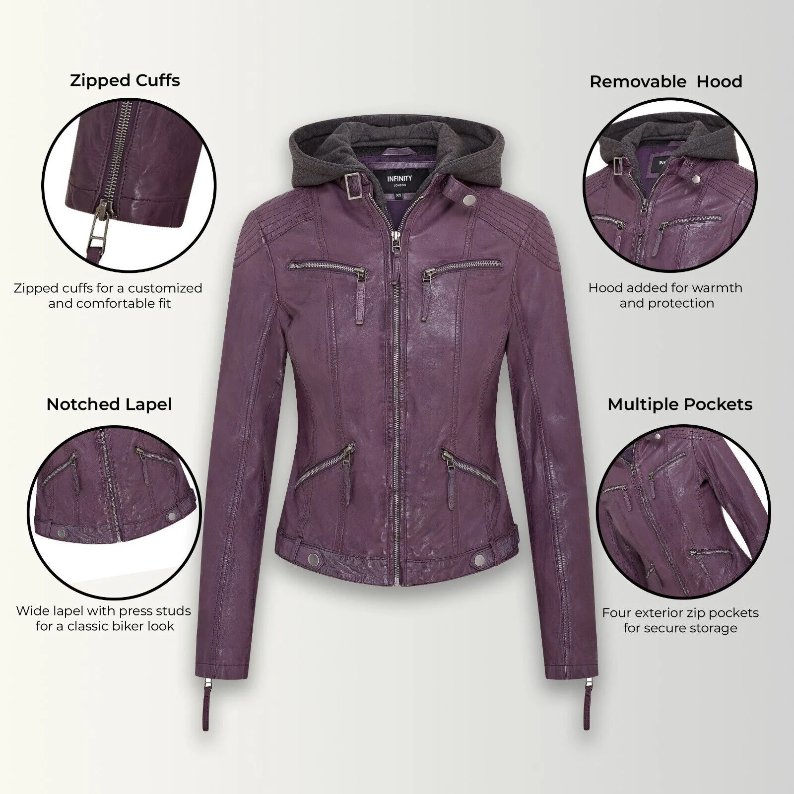 Womens Hooded Classic Biker Jacket - Wareham - Image 2