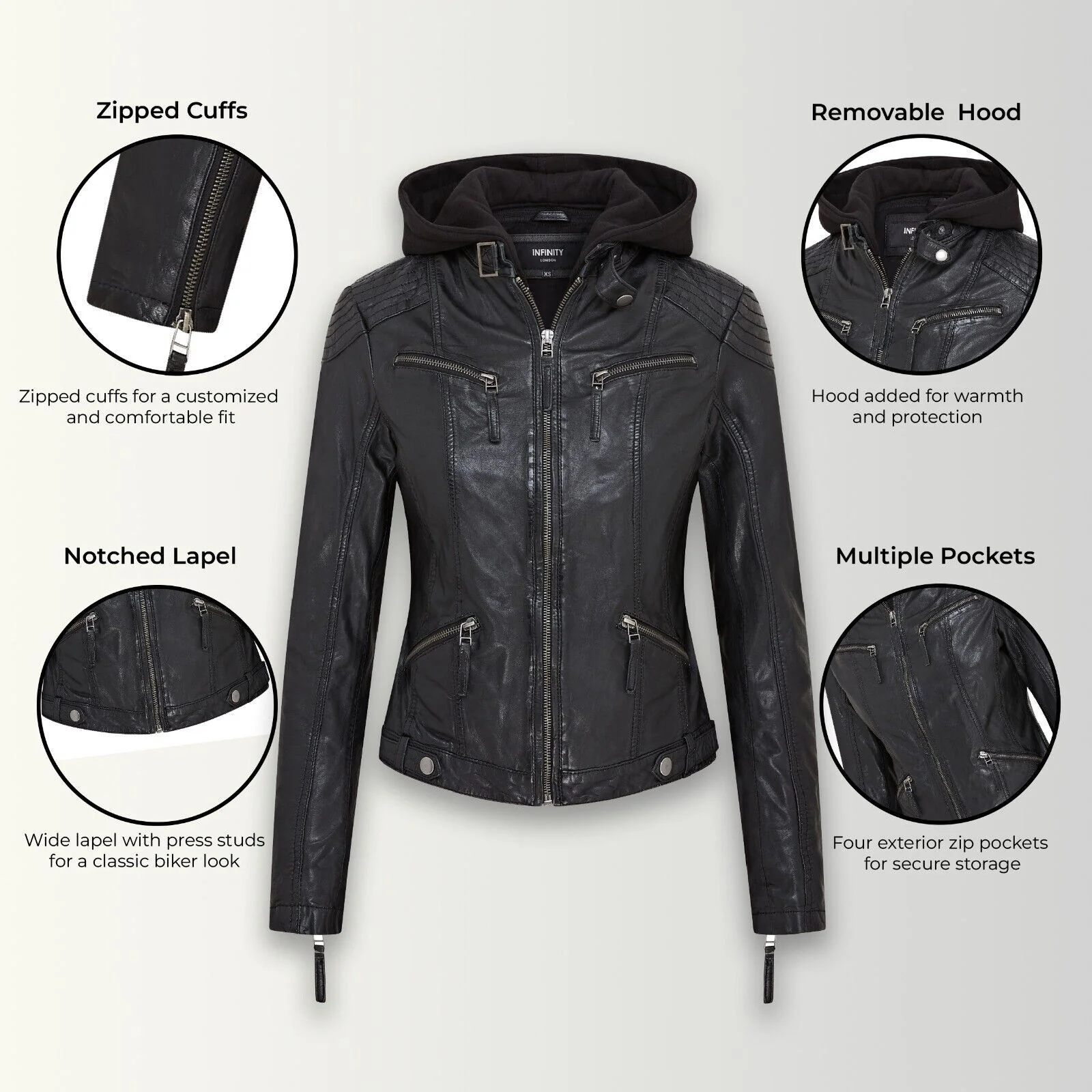 Womens Hooded Classic Biker Jacket - Wareham - Image 7