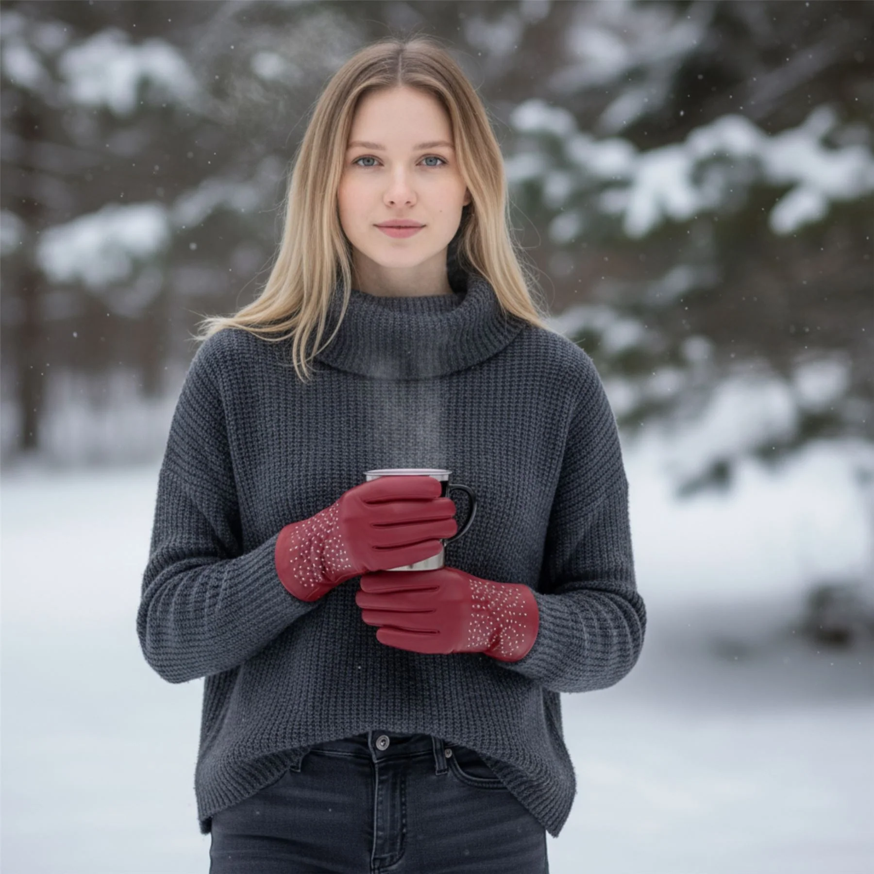 Womens Italian Leather Winter Studded Design Soft Wool Lining Gloves - L-GLV-601 - Image 2