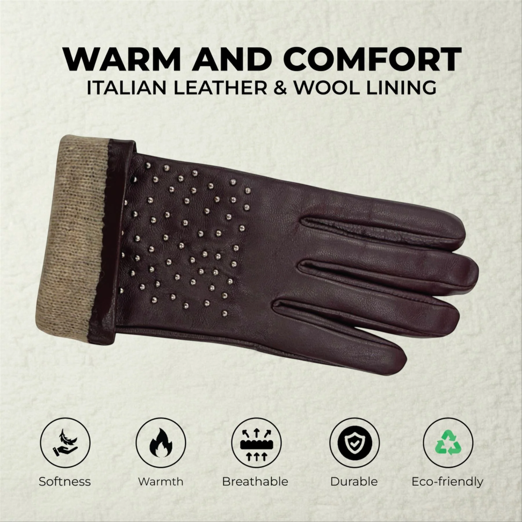 Womens Italian Leather Winter Studded Design Soft Wool Lining Gloves - L-GLV-601 - Image 22