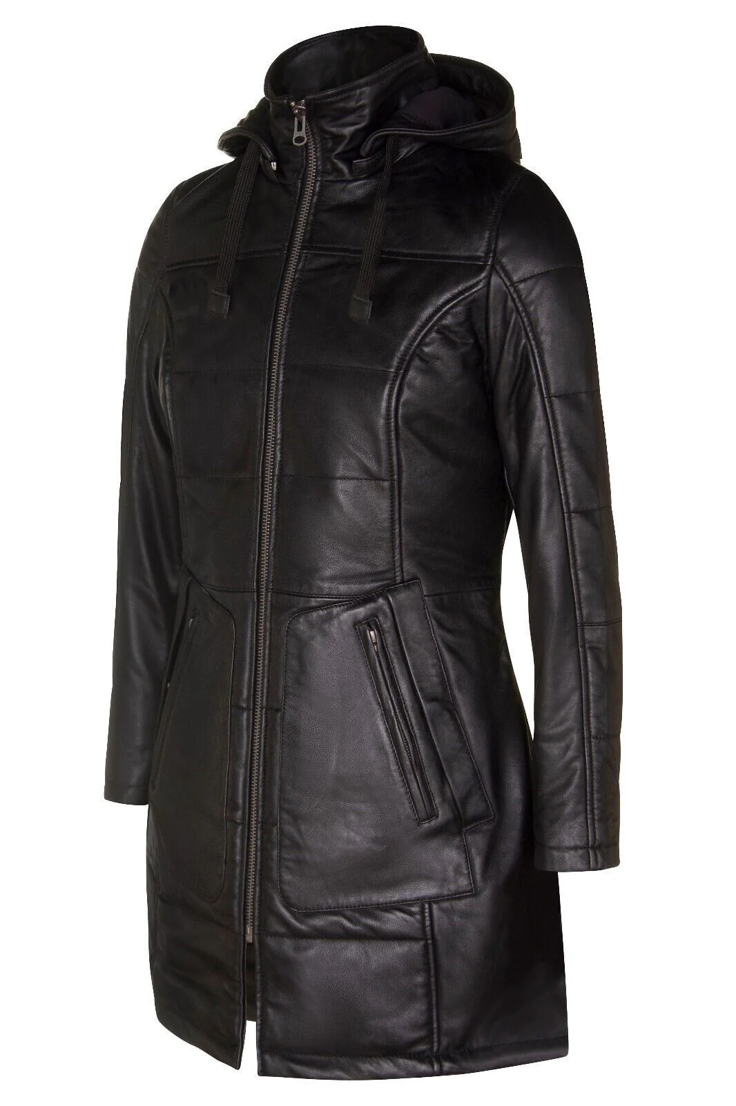 Womens Leather Hooded Quilted Parka Coat-Olney - Image 2