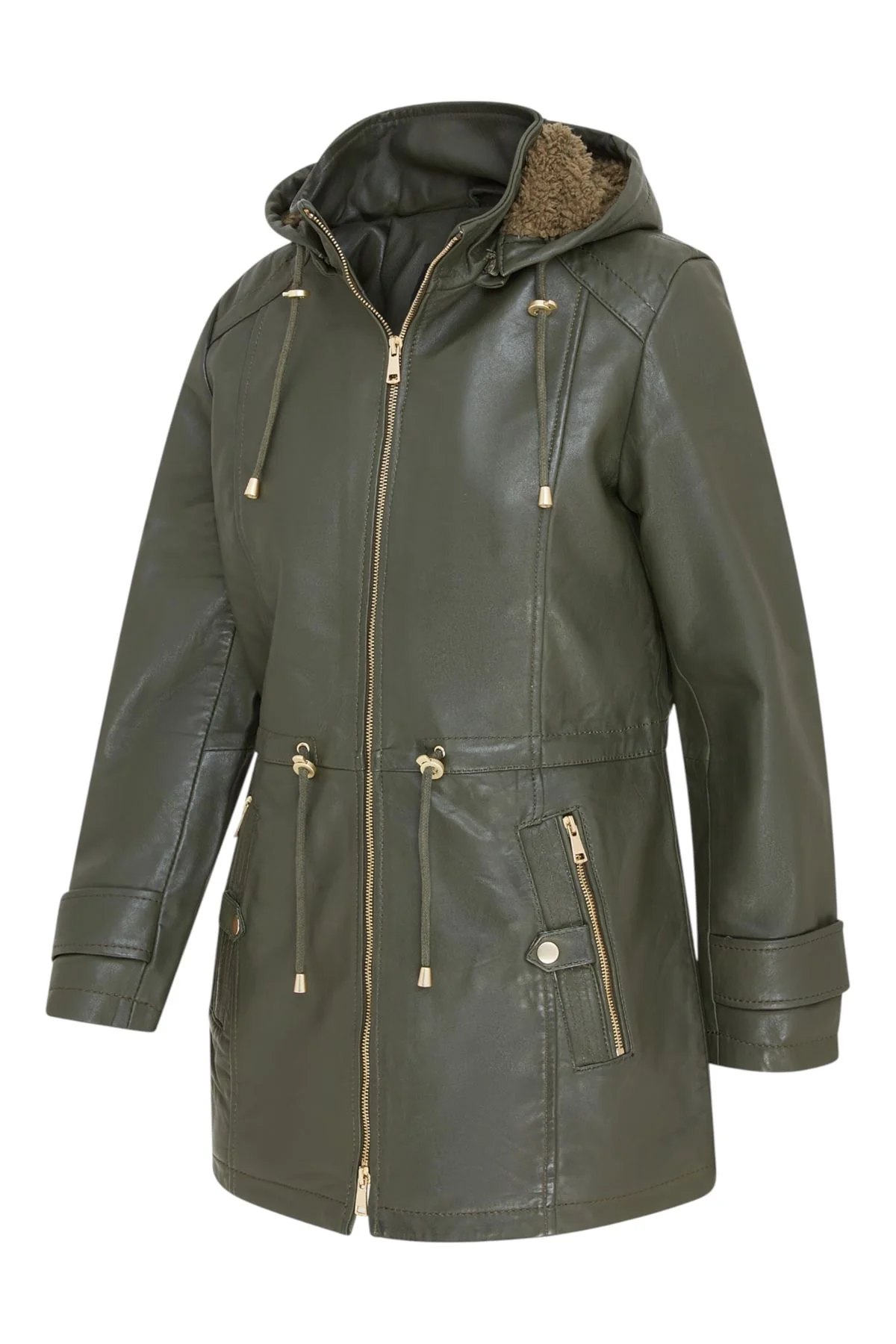 Women's Leather Parka Detachable Borg Hooded Trench Coat - Trekker - Image 11