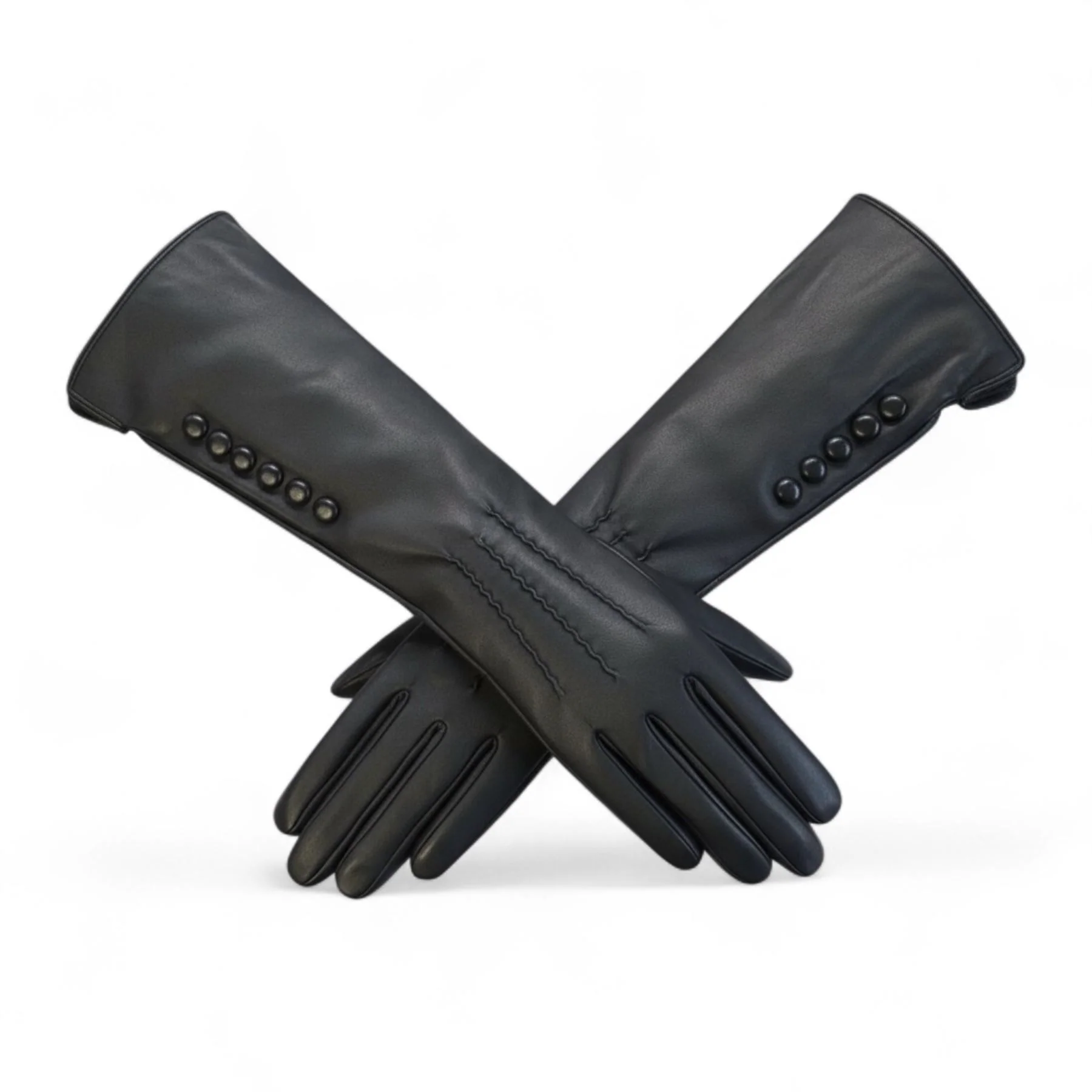 Womens Long Italian Leather Winter Button Design Soft Wool Lining Gloves - L-GLV-201