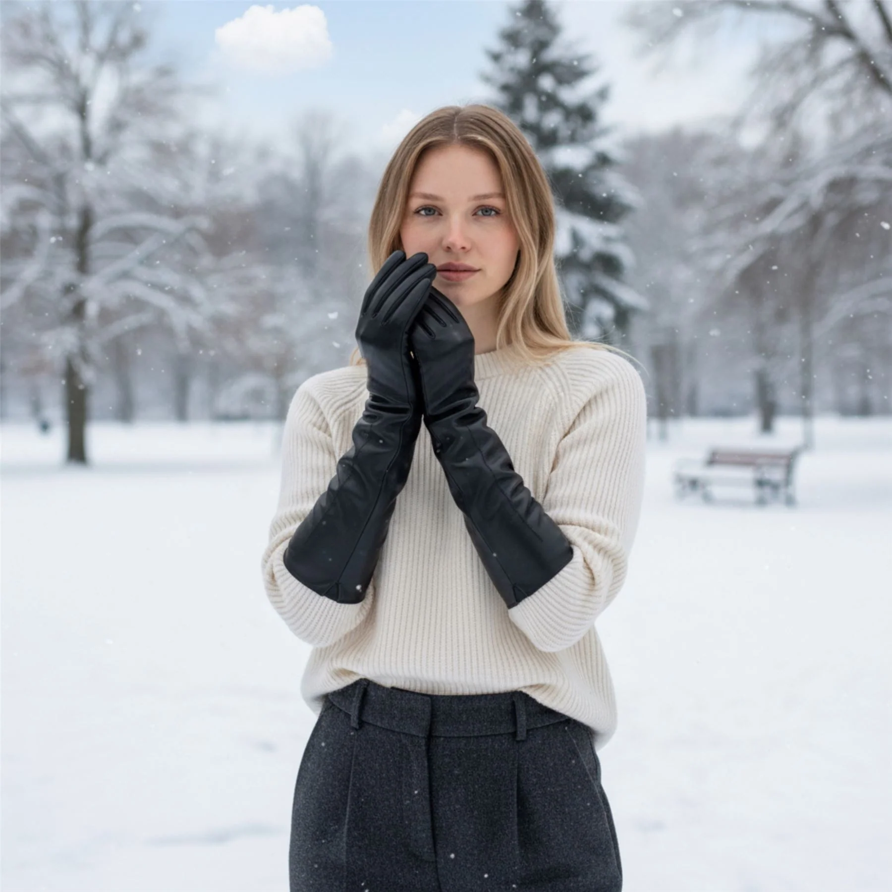 Womens Long Italian Leather Winter Soft Wool Lining Gloves - Image 2