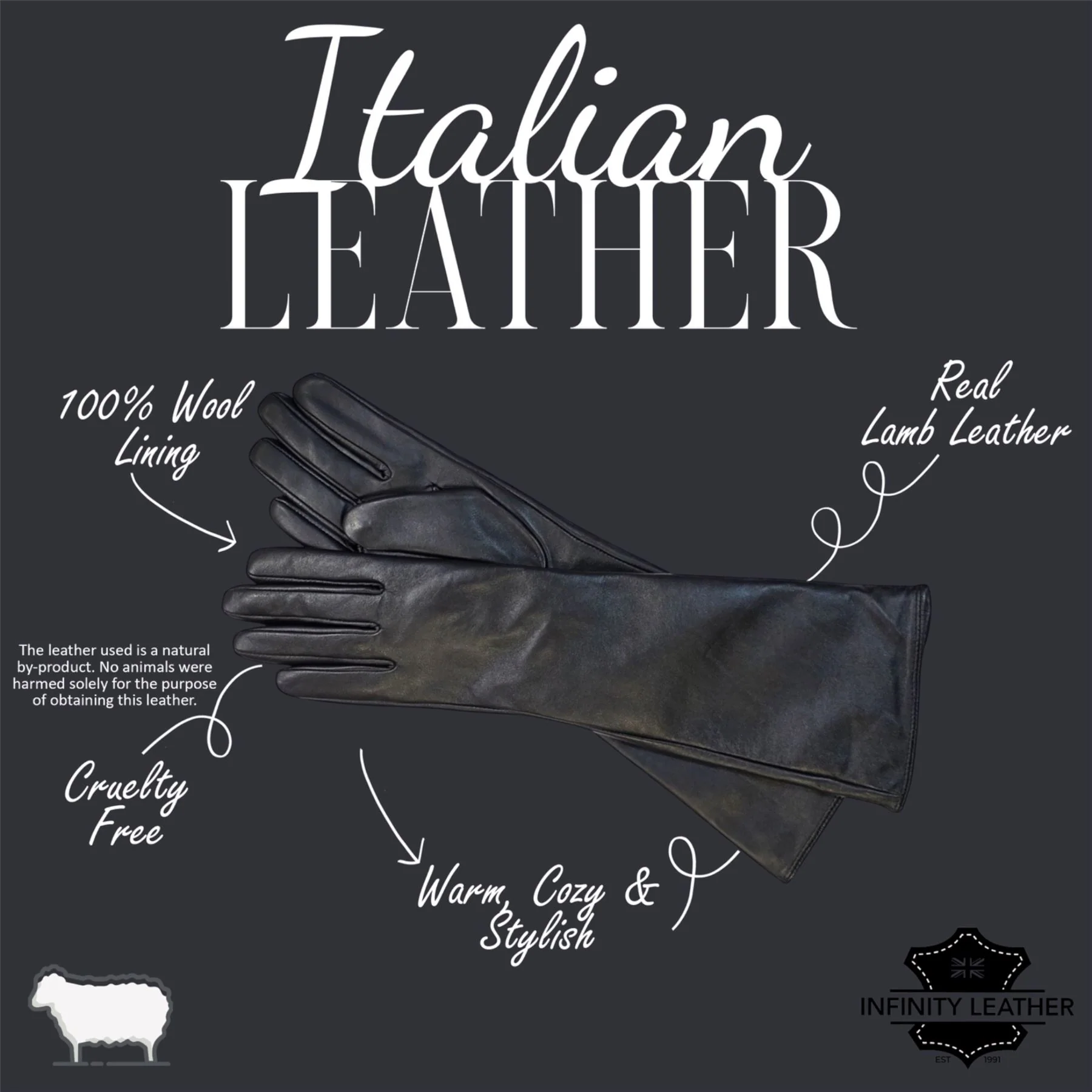 Womens Long Italian Leather Winter Soft Wool Lining Gloves - Image 4