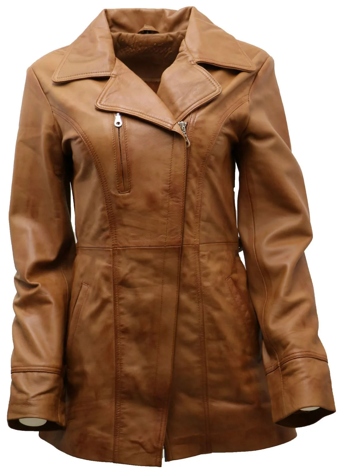 Womens Md Length Leather Biker Jacket-Okehampton - Image 5