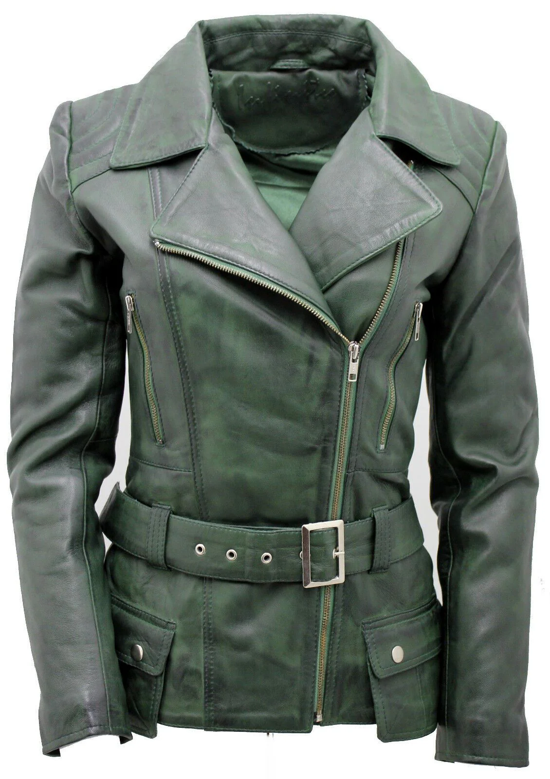 Womens Mid-length Leather Biker Jacket-Middlewich - Image 11