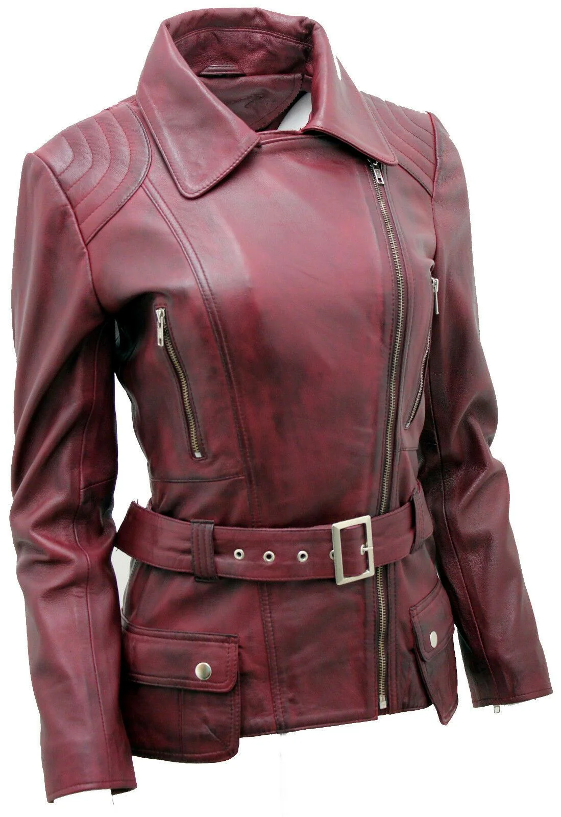 Womens Mid-length Leather Biker Jacket-Middlewich - Image 24