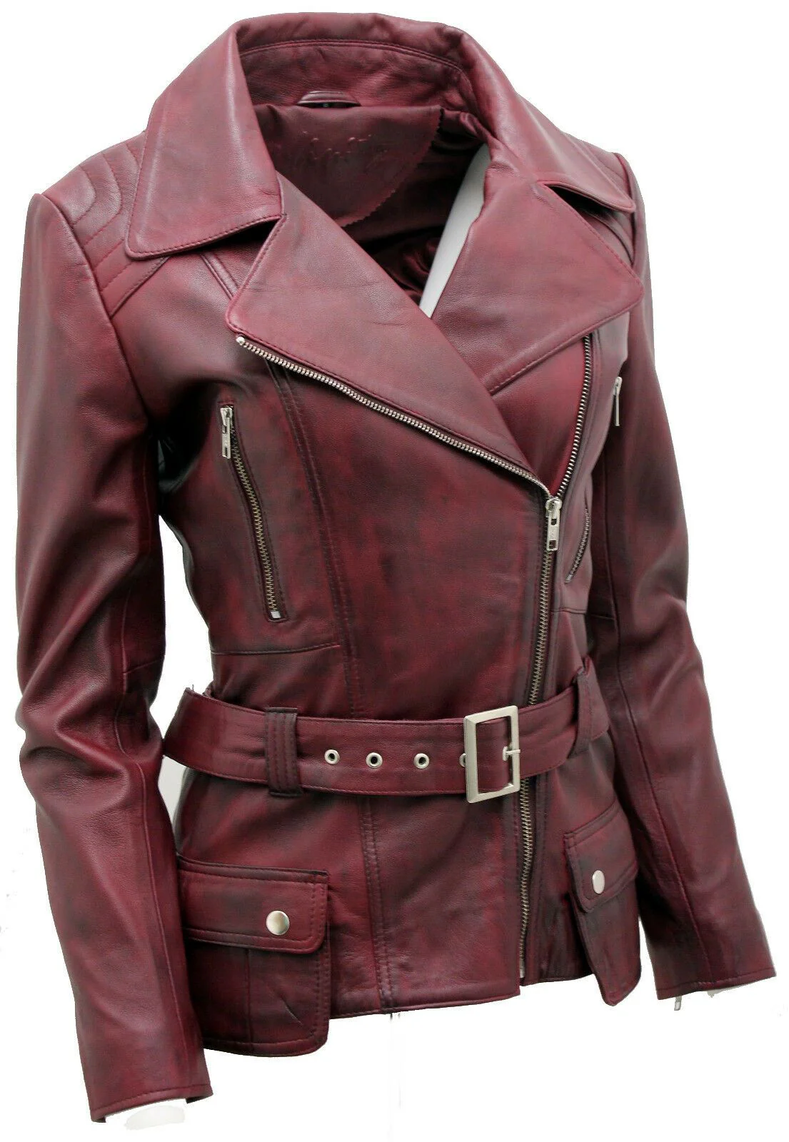 Womens Mid-length Leather Biker Jacket-Middlewich - Image 26