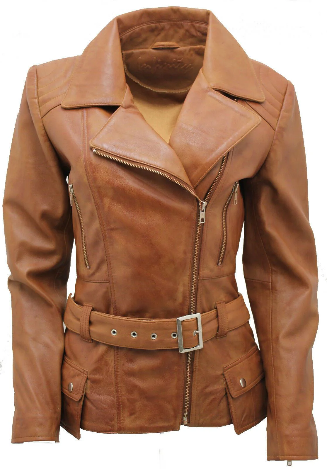 Womens Mid-length Leather Biker Jacket-Middlewich - Image 29