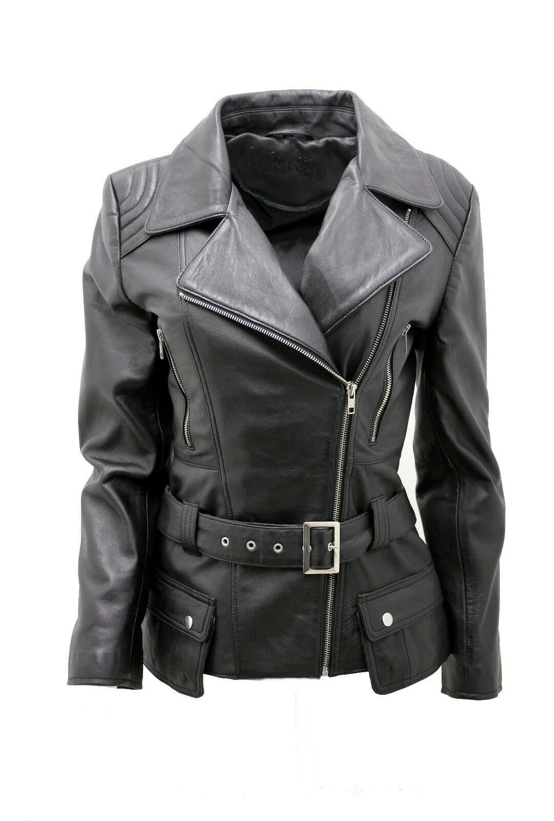 Womens Mid-length Leather Biker Jacket-Middlewich - Image 36