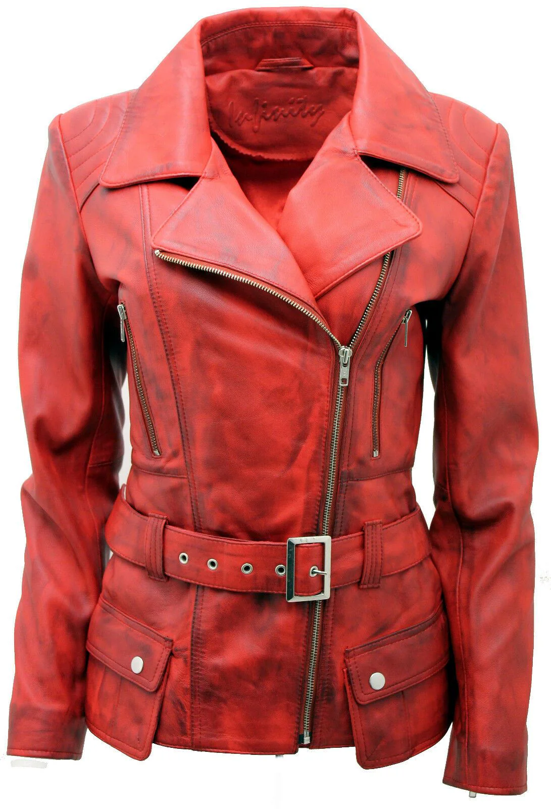 Womens Mid-length Leather Biker Jacket-Middlewich - Image 6