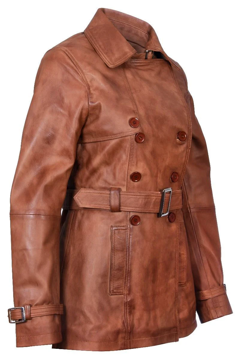 Womens Mid Length Leather Trench Coat -Oakham - Image 3