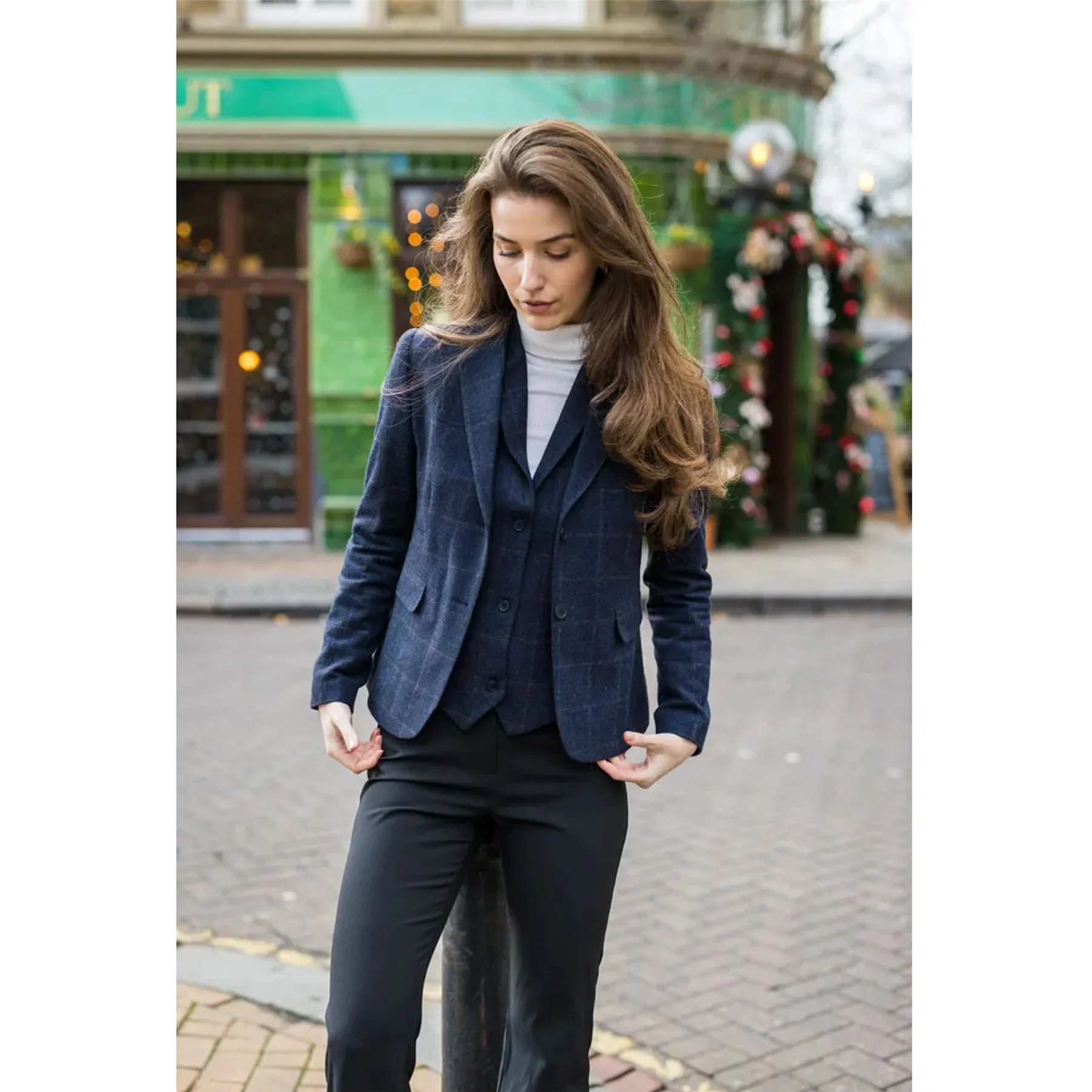 Women's Navy Blue Tailored Fit Tweed Blazer - Image 2