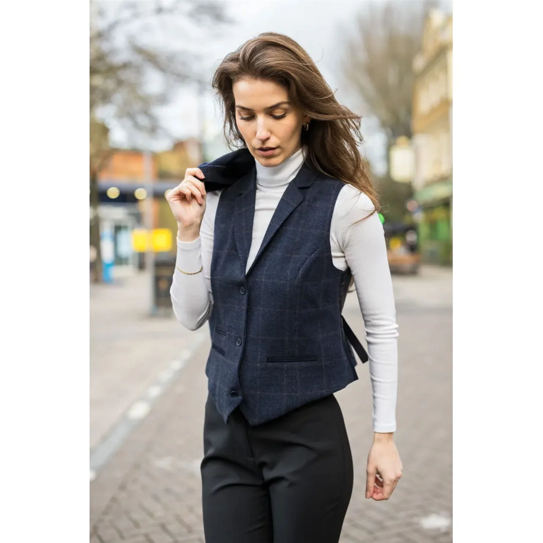 Women's Navy Blue Tailored Fit Tweed Waistcoat - Image 2