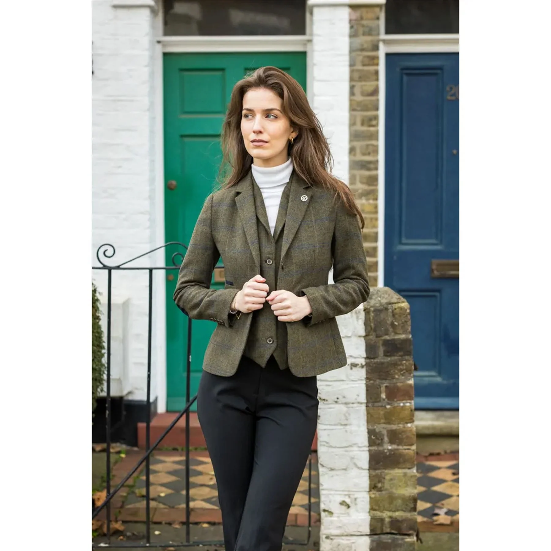 Women's Olive Tailored Fit Tweed Blazer in Herringbone Check - Image 2