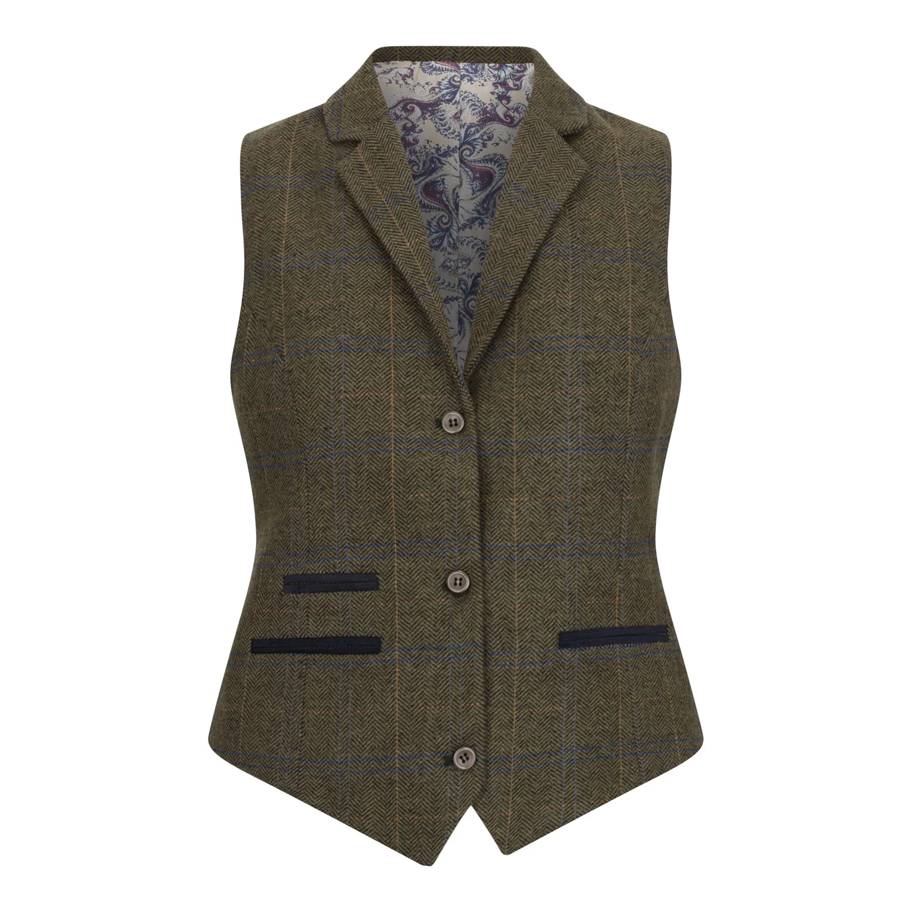 Women's Olive Tailored Fit Tweed Waistcoat in Herringbone Check