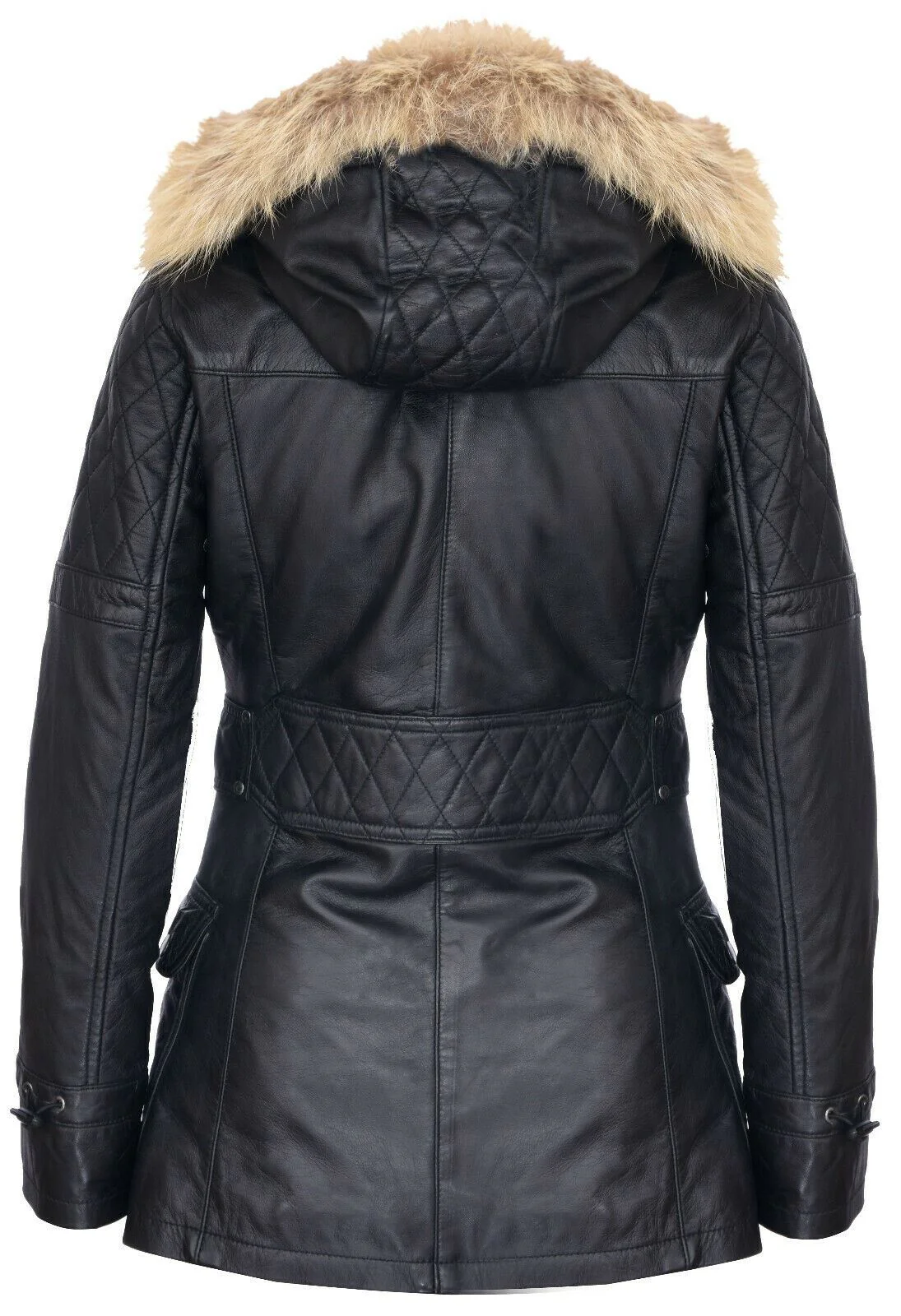 Womens Quilted Leather Hooded Parka Jacket-Northampton - Image 11