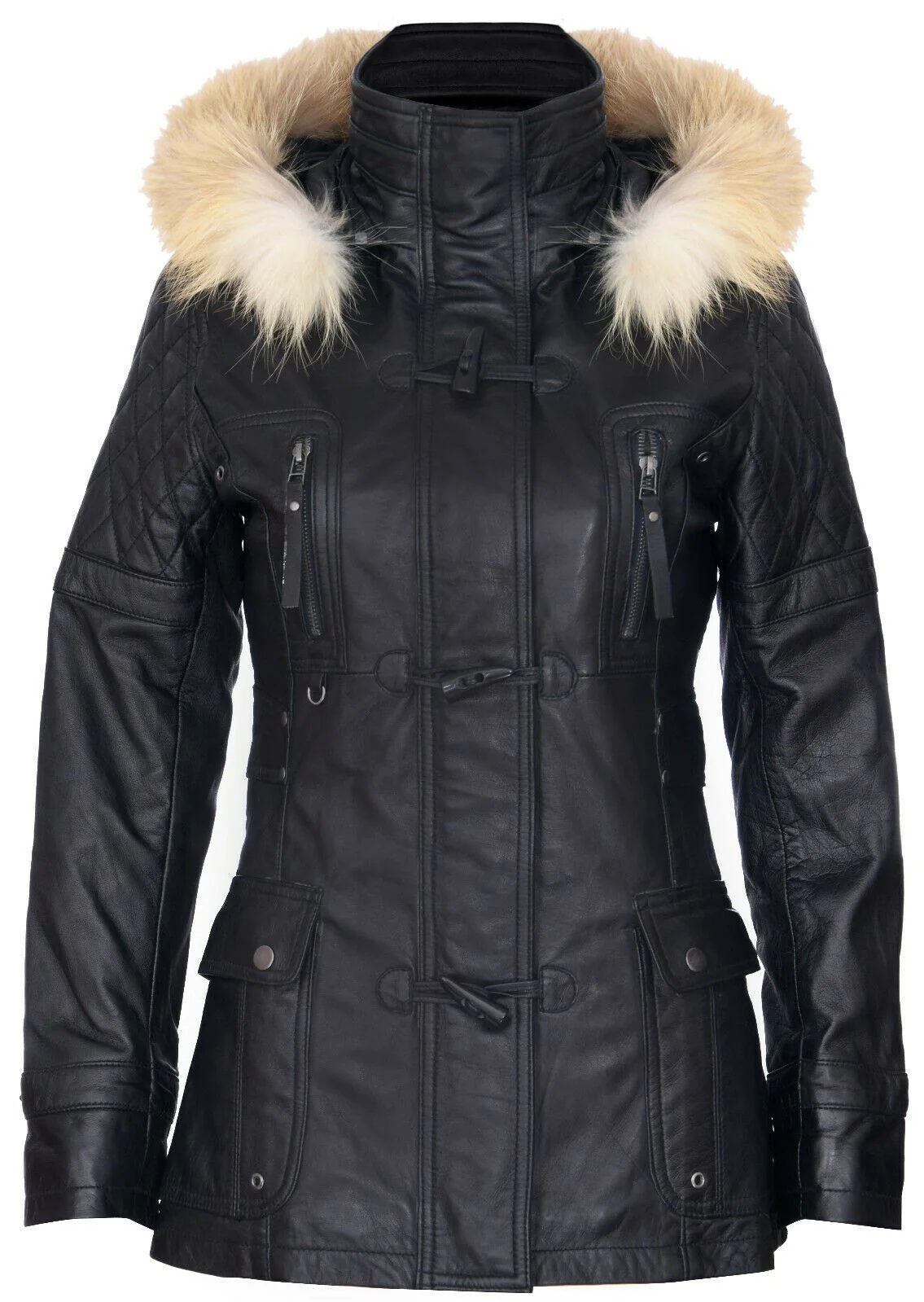 Womens Quilted Leather Hooded Parka Jacket-Northampton - Image 9